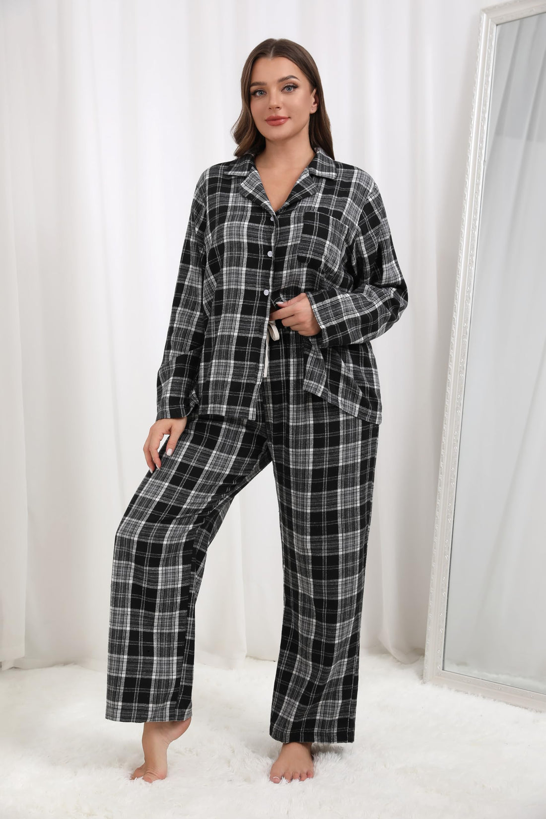 Ekouaer Womens Pajama Sets 2 Piece Cotton Plaid Pjs Long Sleeve Sleepwear Button Down Lounge Set with Pockets