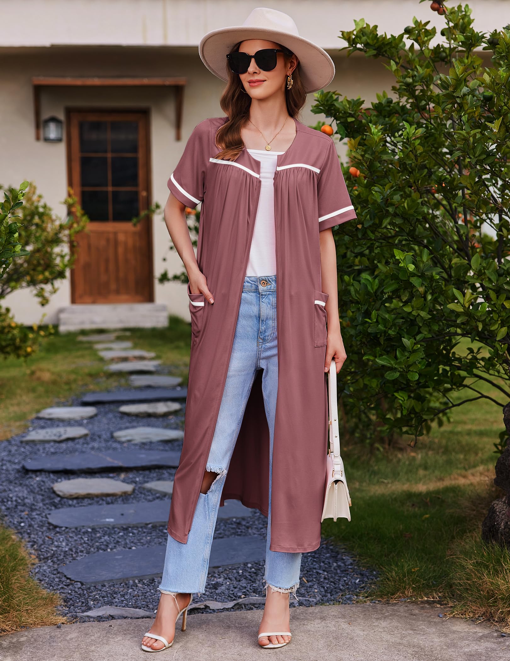 Ekouaer Zipper Robes for Women Short Sleeve Bathrobe Soft Lightweight Housecoat Full Length Nightgown with Pockets S-3XL WEBE CLOTHING