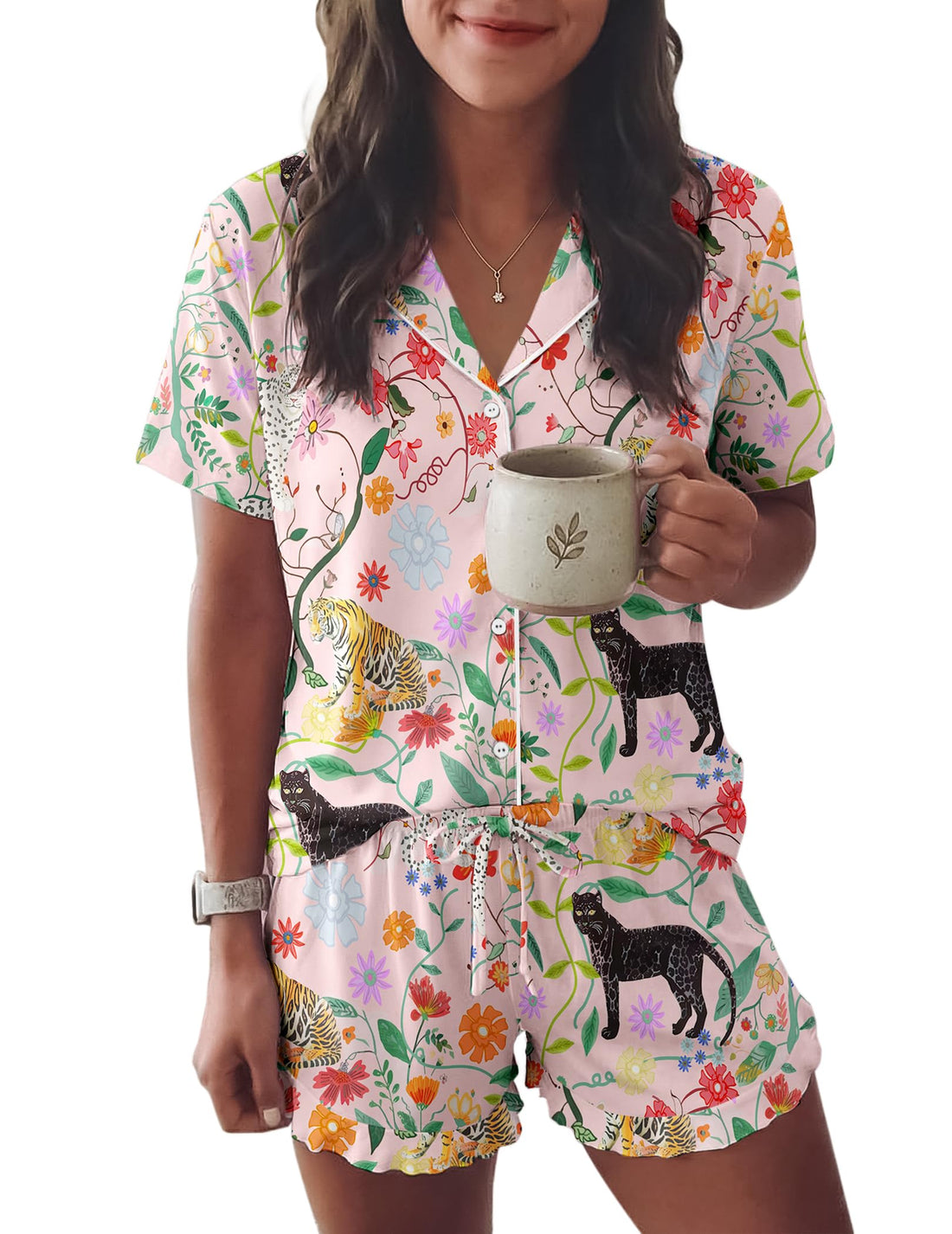 Ekouaer Womens Pajama Sets Button Down Short Sleeve Top and Shorts Cute Ruffled Pjs Sets Sleepwear