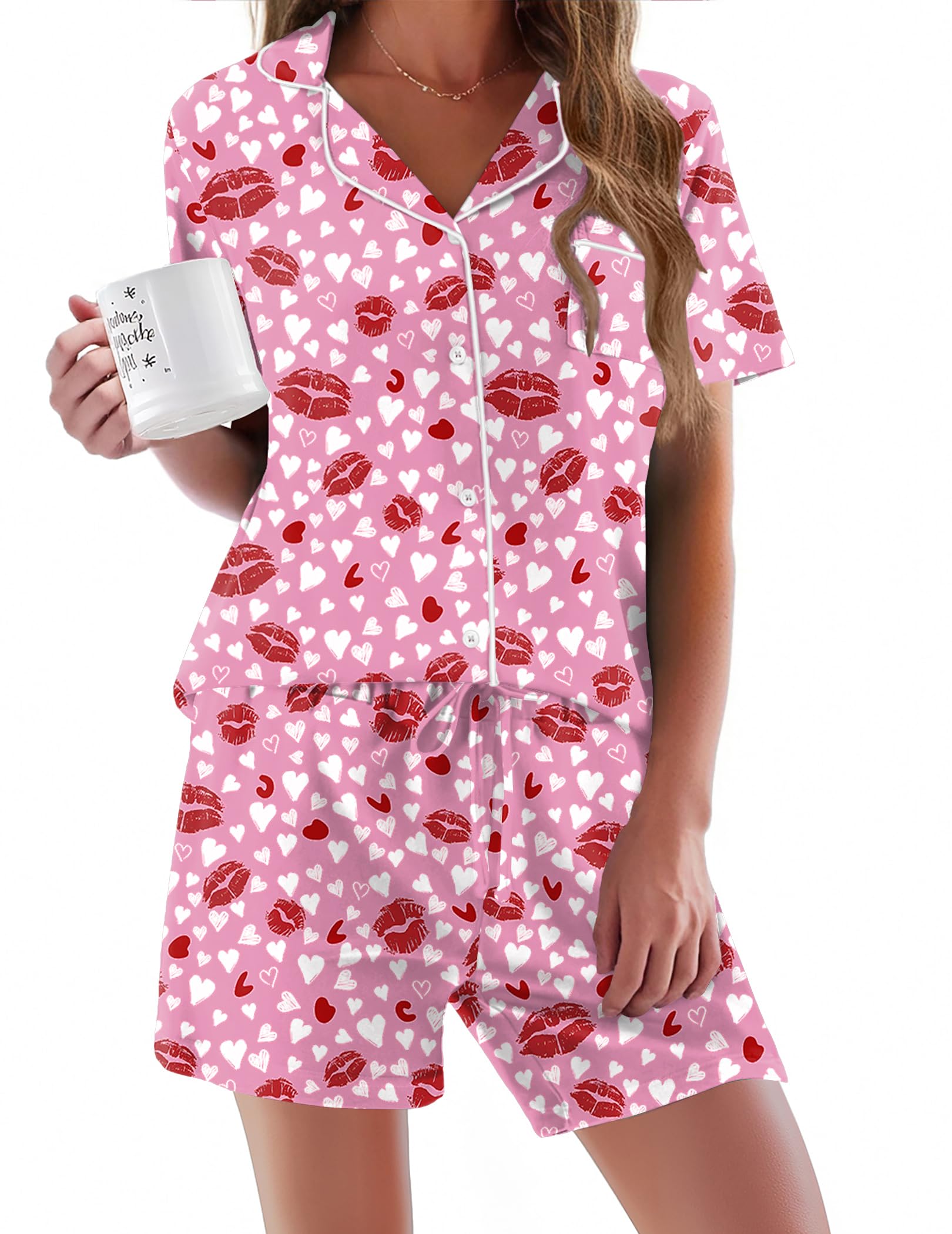 Ekouaer Pajamas Set for Women Short Sleeve Sleepwear Button Down Pjs Soft 2 Piece Lounge Sets XS-XXXL