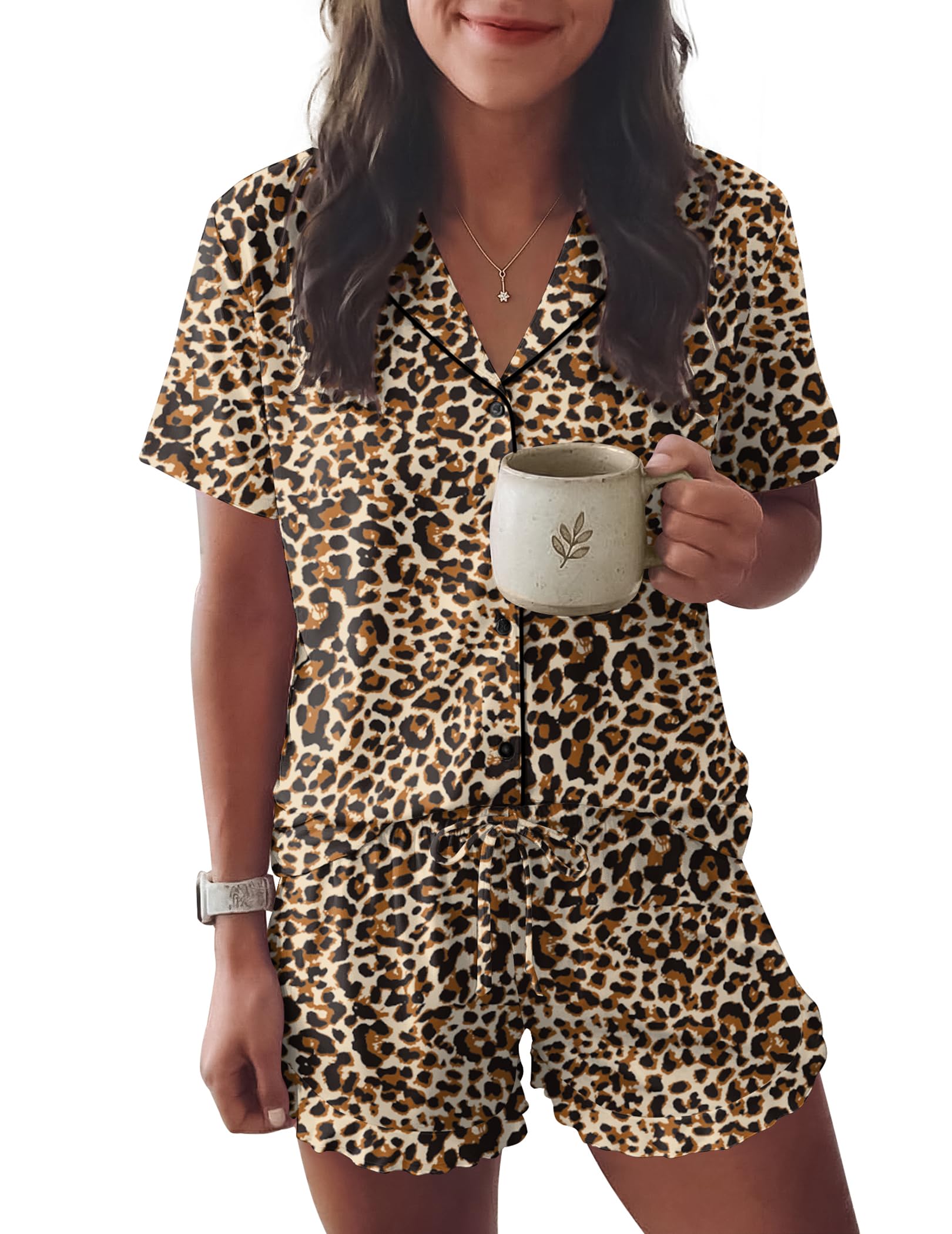 Ekouaer Womens Pajama Sets Button Down Short Sleeve Top and Shorts Cute Ruffled Pjs Sets Sleepwear