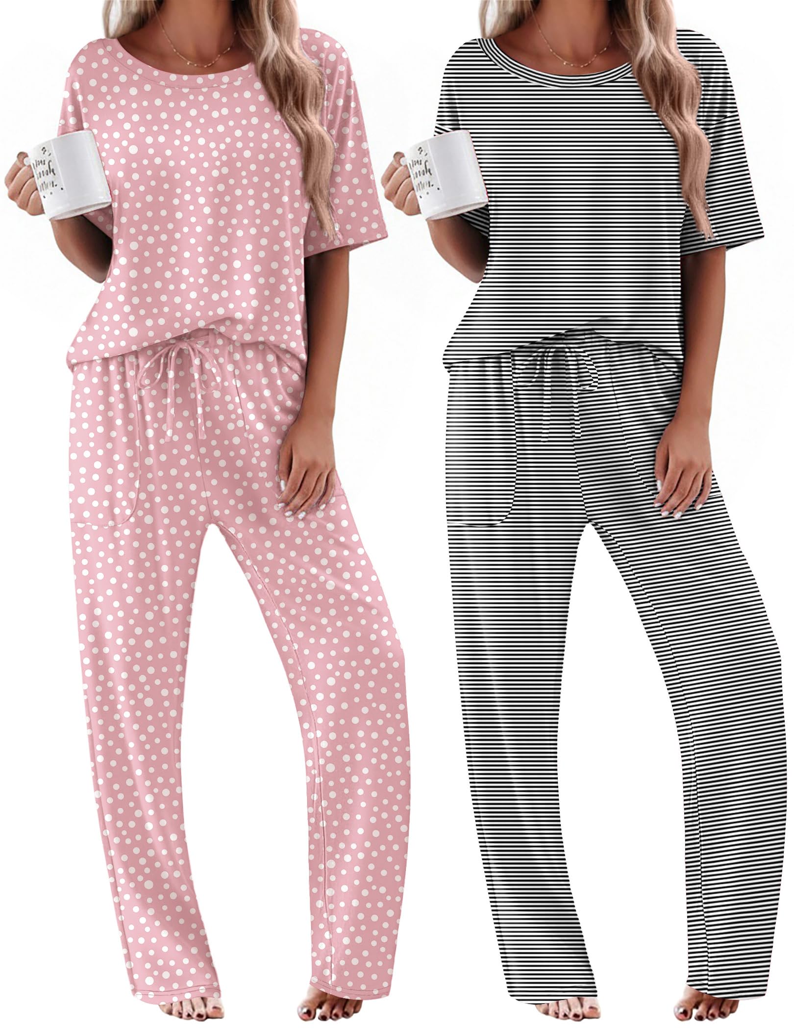 Ekouaer 2 Pack Womens Pajama Sets Short Sleeve Tops and Long Pants Casual Comfy Pjs Lounge Set with Pockets,S-XXL