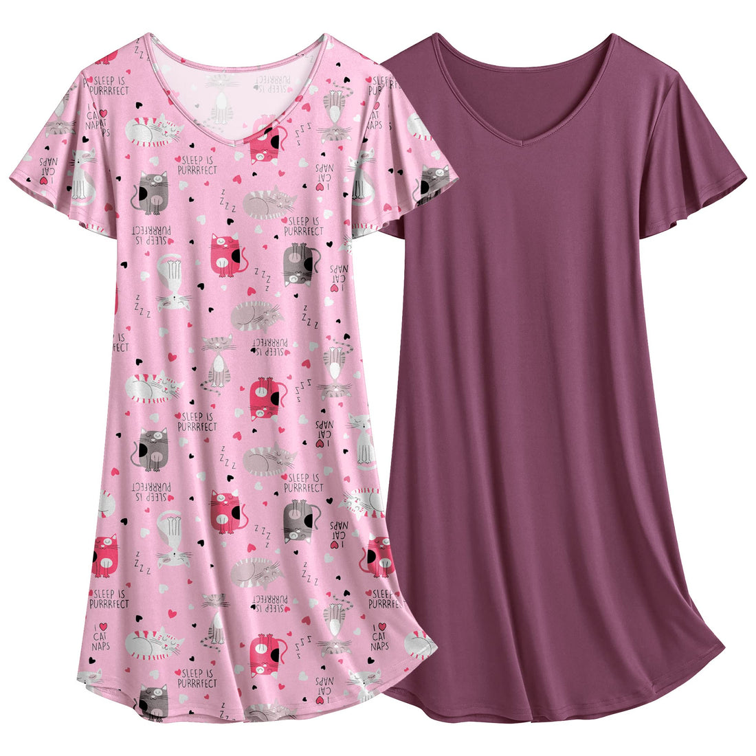 Ekouaer 2 Pack Women's Nightgown Short Sleeve Nightshirts Comfy Soft Pajama Sleep Dress