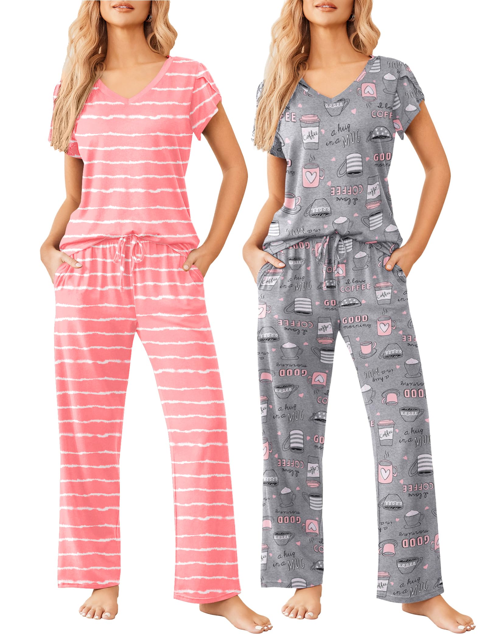 Ekouaer 2 Pack Womens Pajamas Short Sleeve Sleepwear Top with Pants Super-Soft Printed Lounge Sets S-XXL