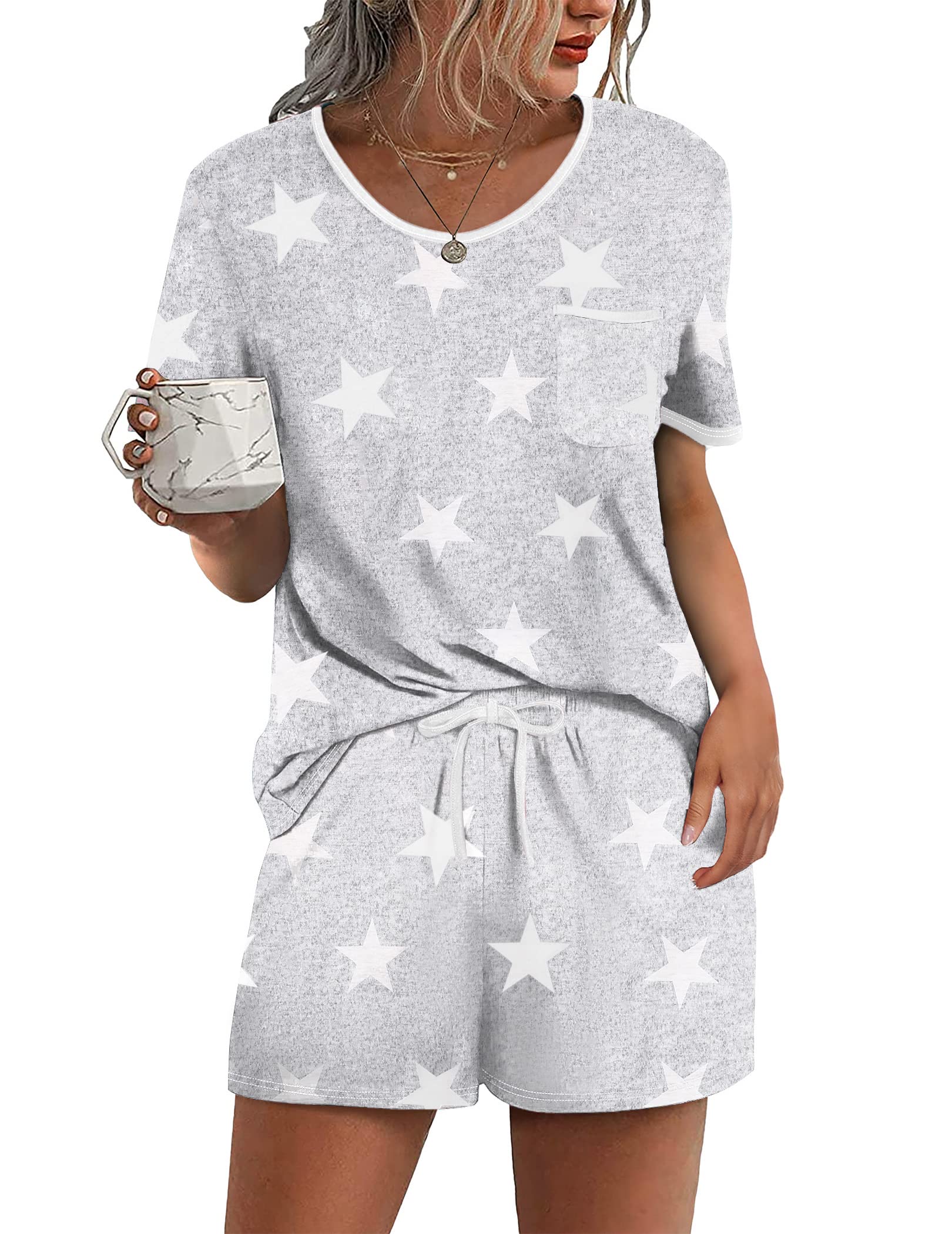 Ekouaer Pajama Set for Women 2 Piece Lounge Set Short Sleeve Tops and Shorts Soft Sleepwear, Chest Pocket WEBE CLOTHING