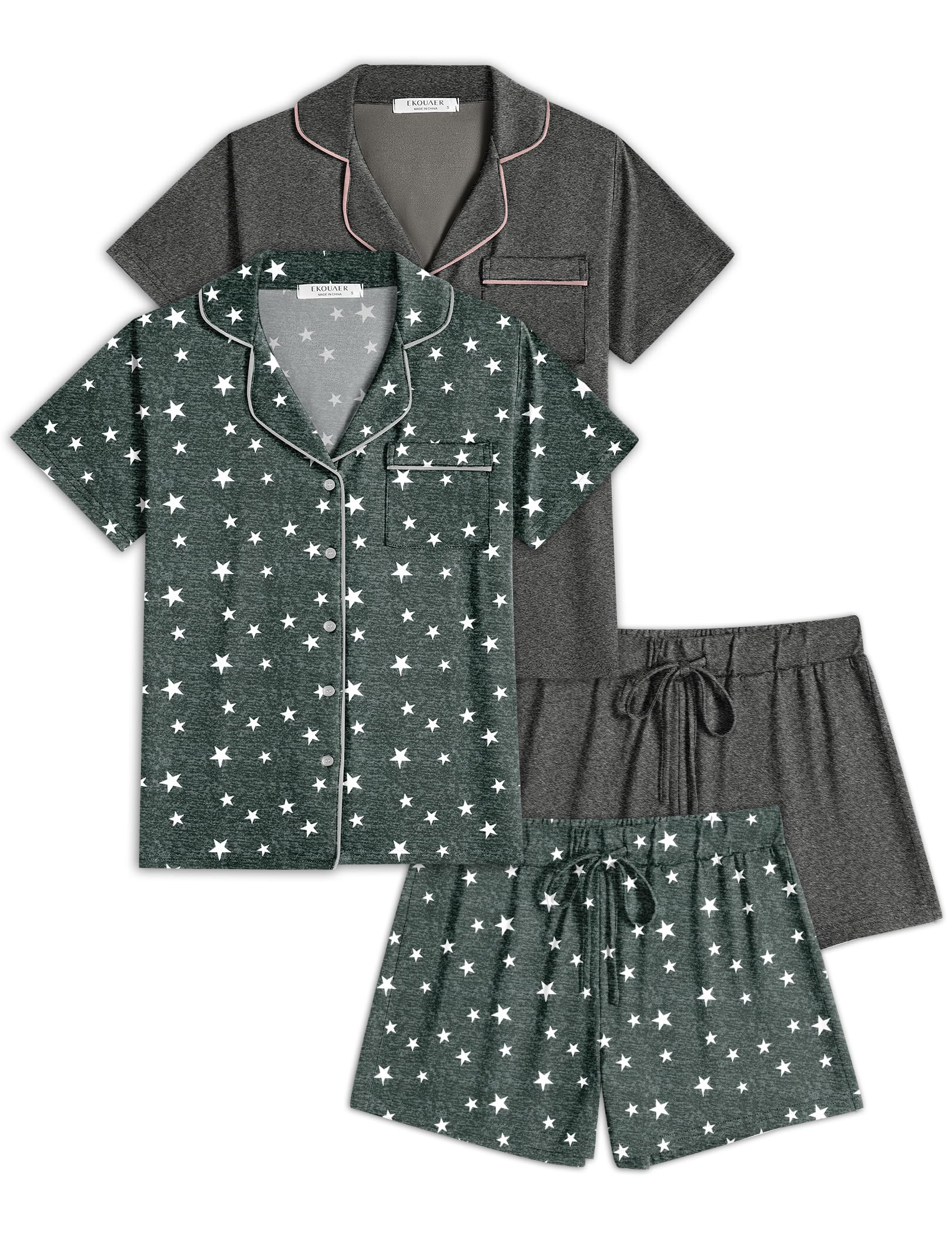 Ekouaer Womens Pajamas Set 2 Pack Button Down Summer Sleepwear Short Sleeve Comfy Pjs Loungewear Set