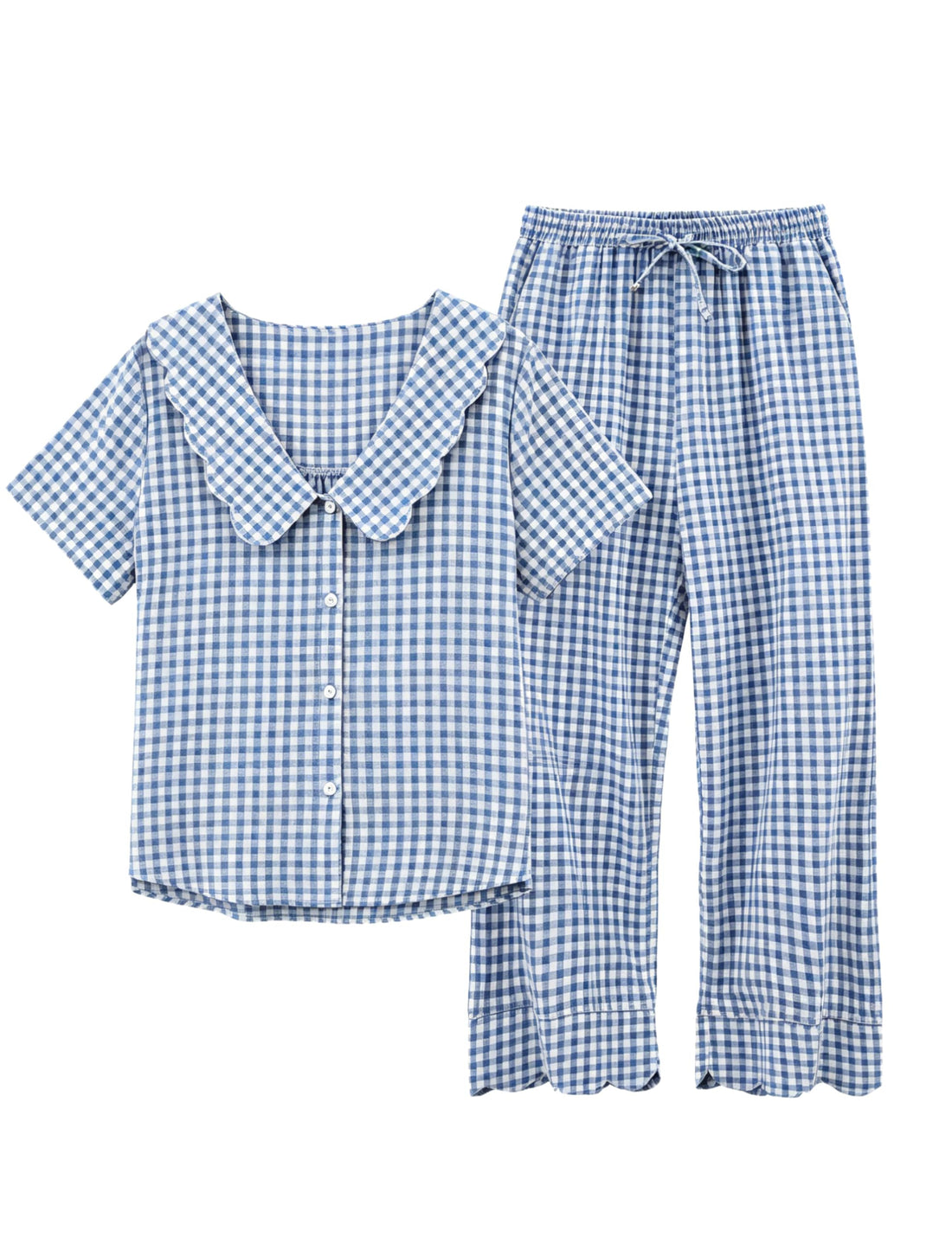 Tanming Womens Gingham 2 Piece Pajamas Sets Puff Sleeve Babydoll Shirt Ruffle Pants Pj Lounge Set Sleepwear WEBE CLOTHING