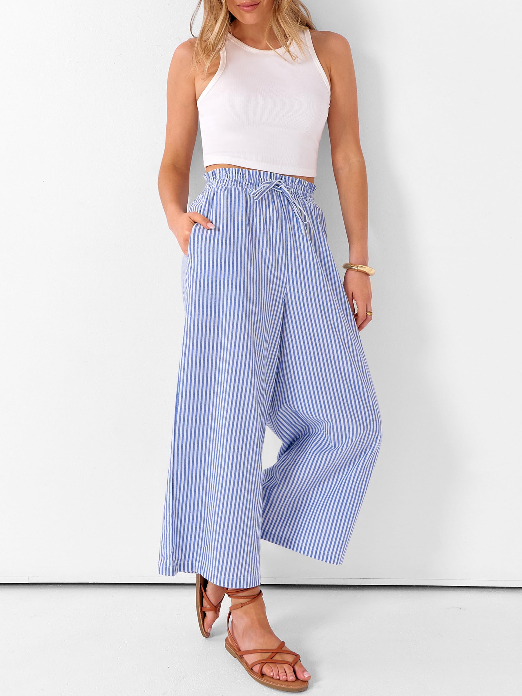 ANRABESS Womens Striped Gingham Palazzo Capri Pants Pajama Wide Leg Lounge Trousers Plaid Cute Crop PJ Bottoms with Pockets