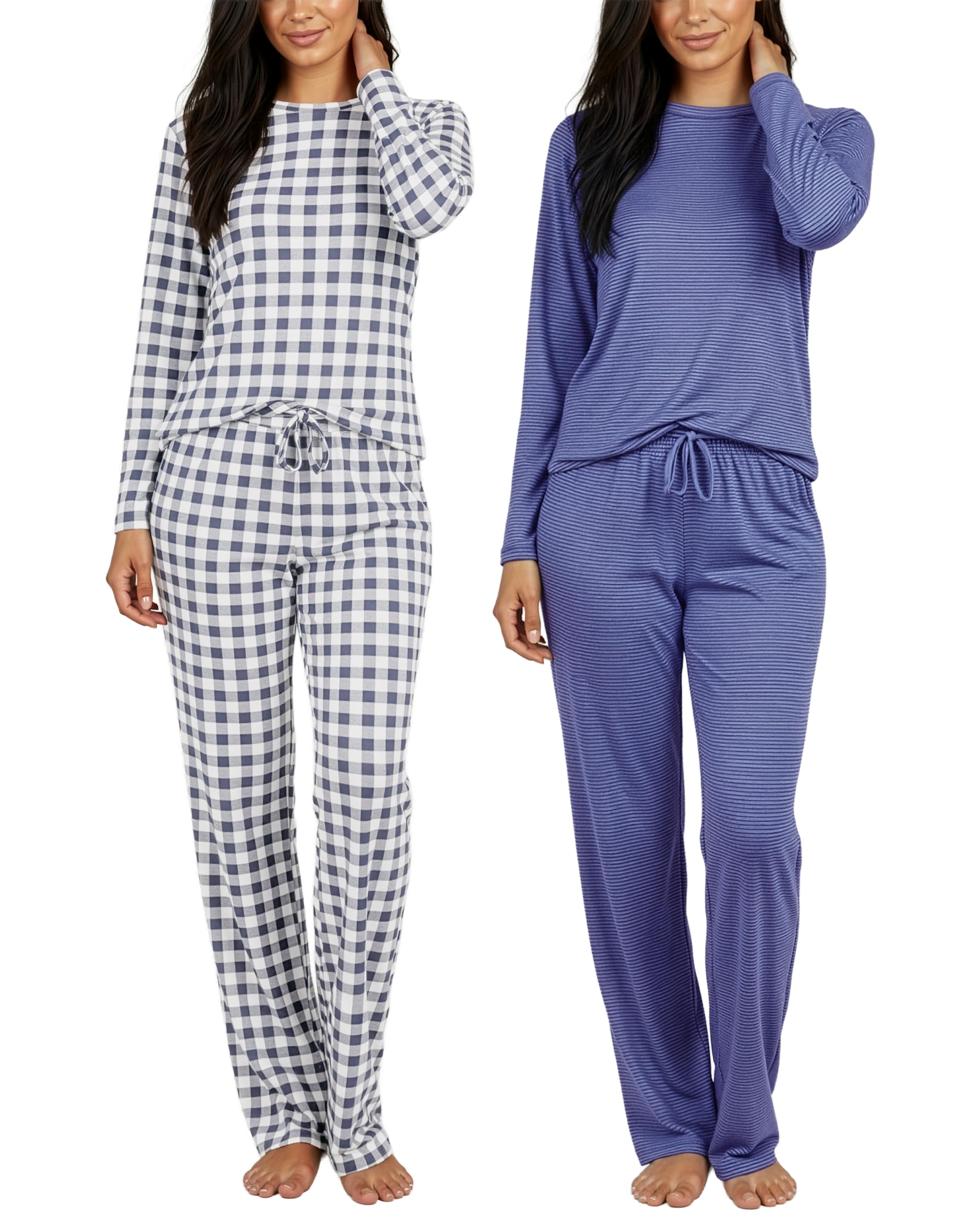 Real Essentials 2 Pack: Women's Long Sleeve Pajama Sets - Soft Comfy 2 Piece PJ Set Matching Ladies Sleepwear (Plus Size)