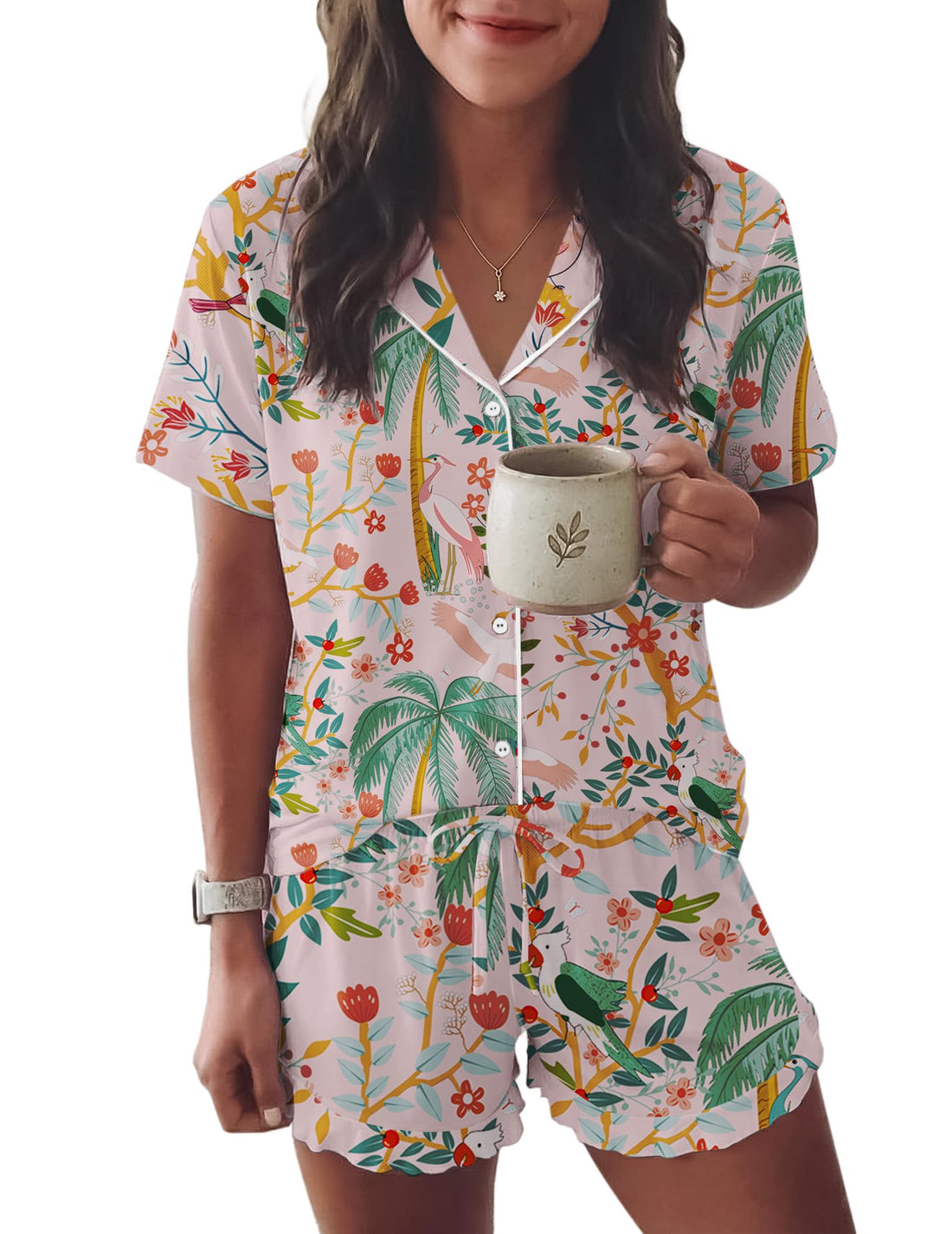 Ekouaer Womens Pajama Sets Button Down Short Sleeve Top and Shorts Cute Ruffled Pjs Sets Sleepwear