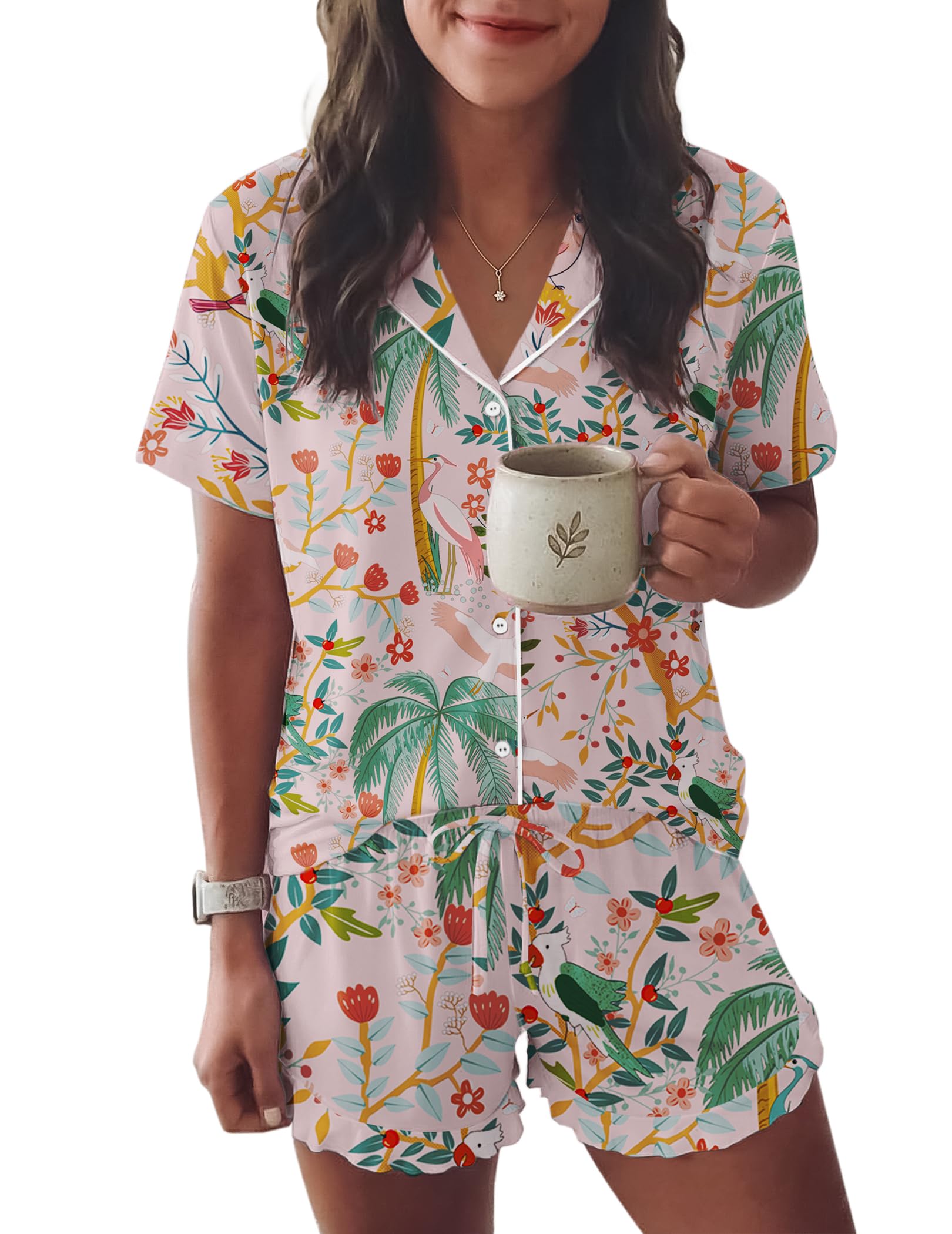Ekouaer Womens Pajama Sets Button Down Short Sleeve Top and Shorts Cute Ruffled Pjs Sets Sleepwear
