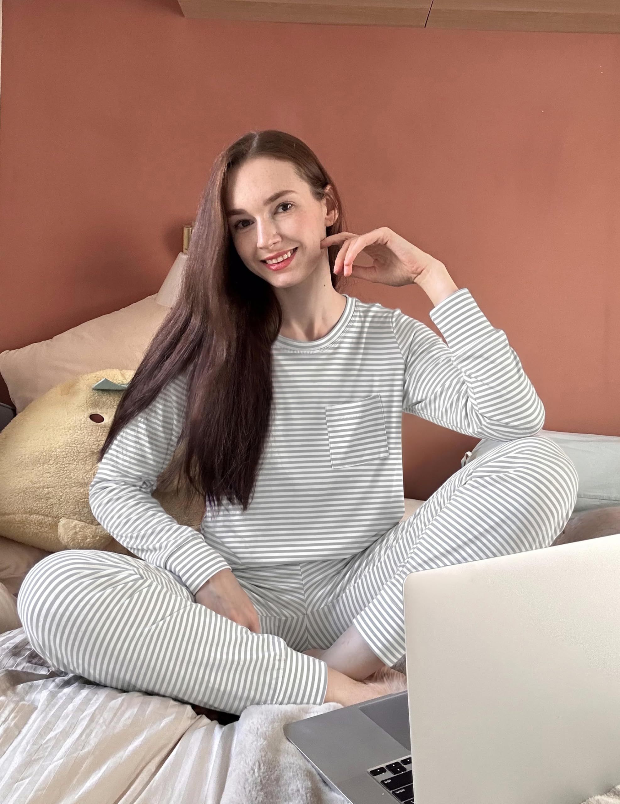 Ekouaer 2 Pack Womens Pajama Sets Long Sleeve Lounge Sets Soft Pj Sleepwear Loungewear