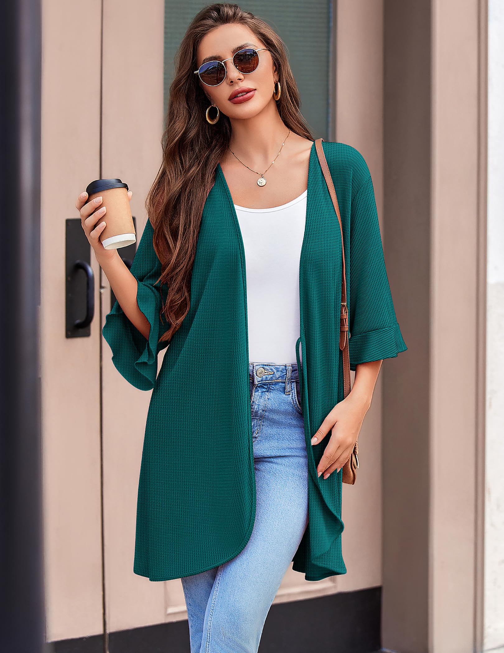 Ekouaer Robes for Women Lightweight Waffle Knit Short Bath Robe Knee Length Ruffle Ladies Loungewear WEBE CLOTHING