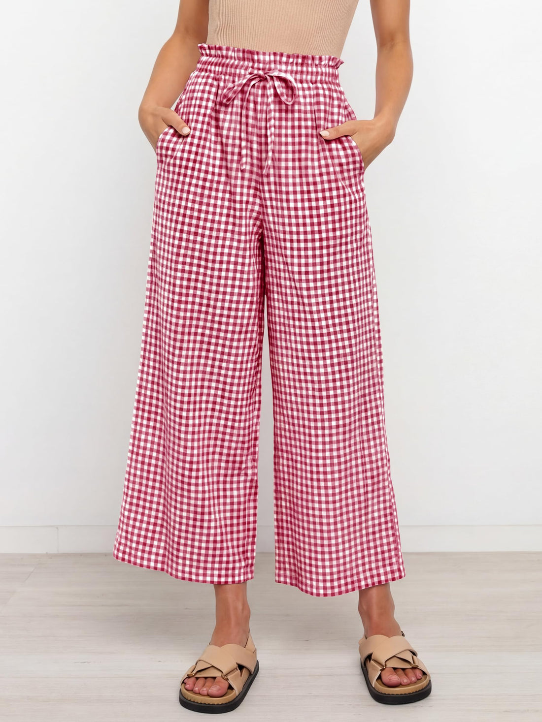 ANRABESS Womens Striped Gingham Palazzo Capri Pants Pajama Wide Leg Lounge Trousers Plaid Cute Crop PJ Bottoms with Pockets