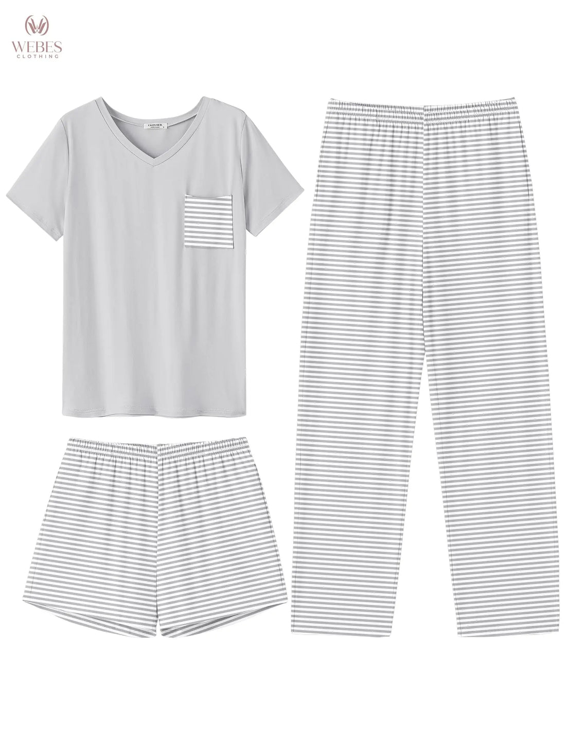 Ekouaer Women's 3 Piece Pajama Set Short Sleeve Sleepwear Pj Set Top and Shorts Pants Pjs with Pockets WEBE CLOTHING