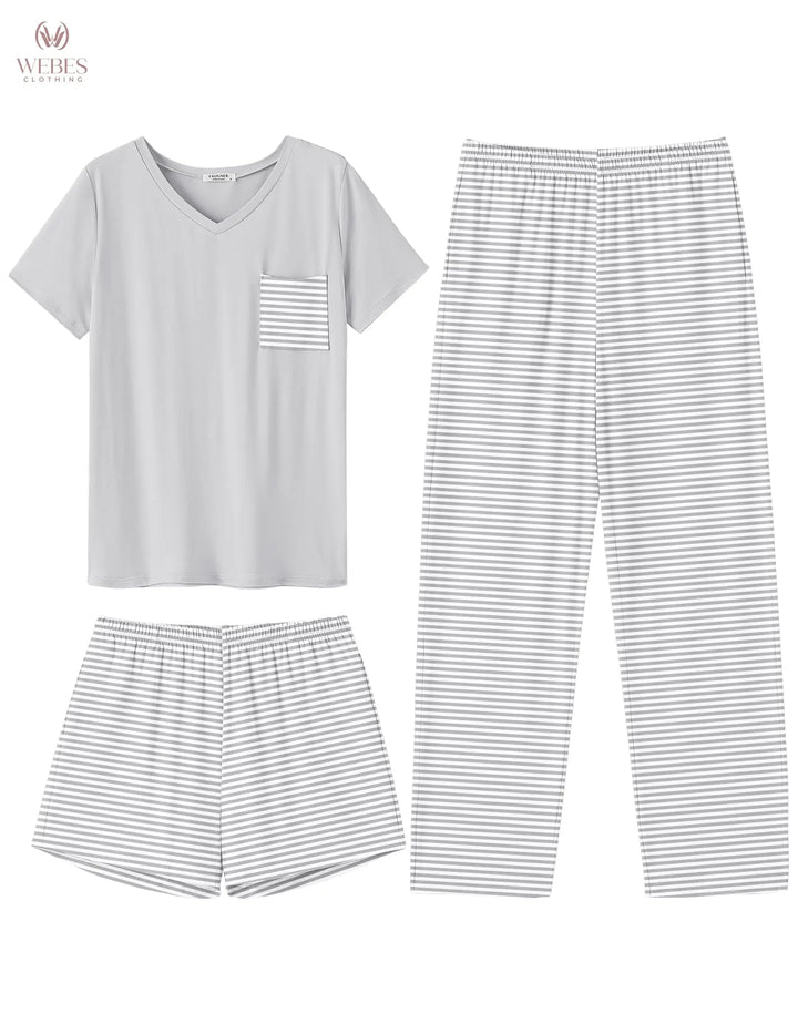 Ekouaer Women's 3 Piece Pajama Set Short Sleeve Sleepwear Pj Set Top and Shorts Pants Pjs with Pockets WEBE CLOTHING