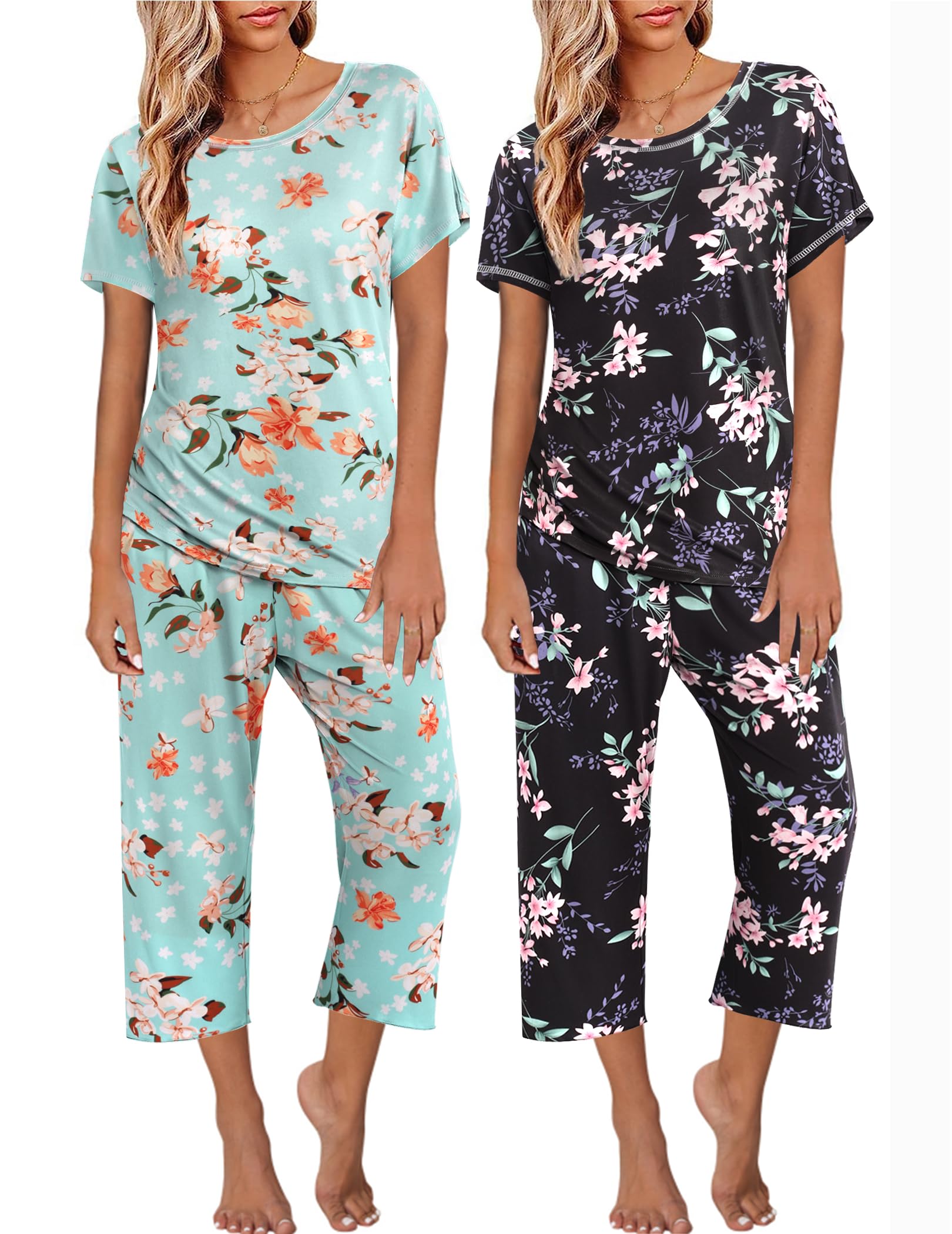 Ekouaer 2 Pack Womens Pajamas Sets Short Sleeve Tops and Capri Pants Pjs Colorful Printed Sleepwear Sets