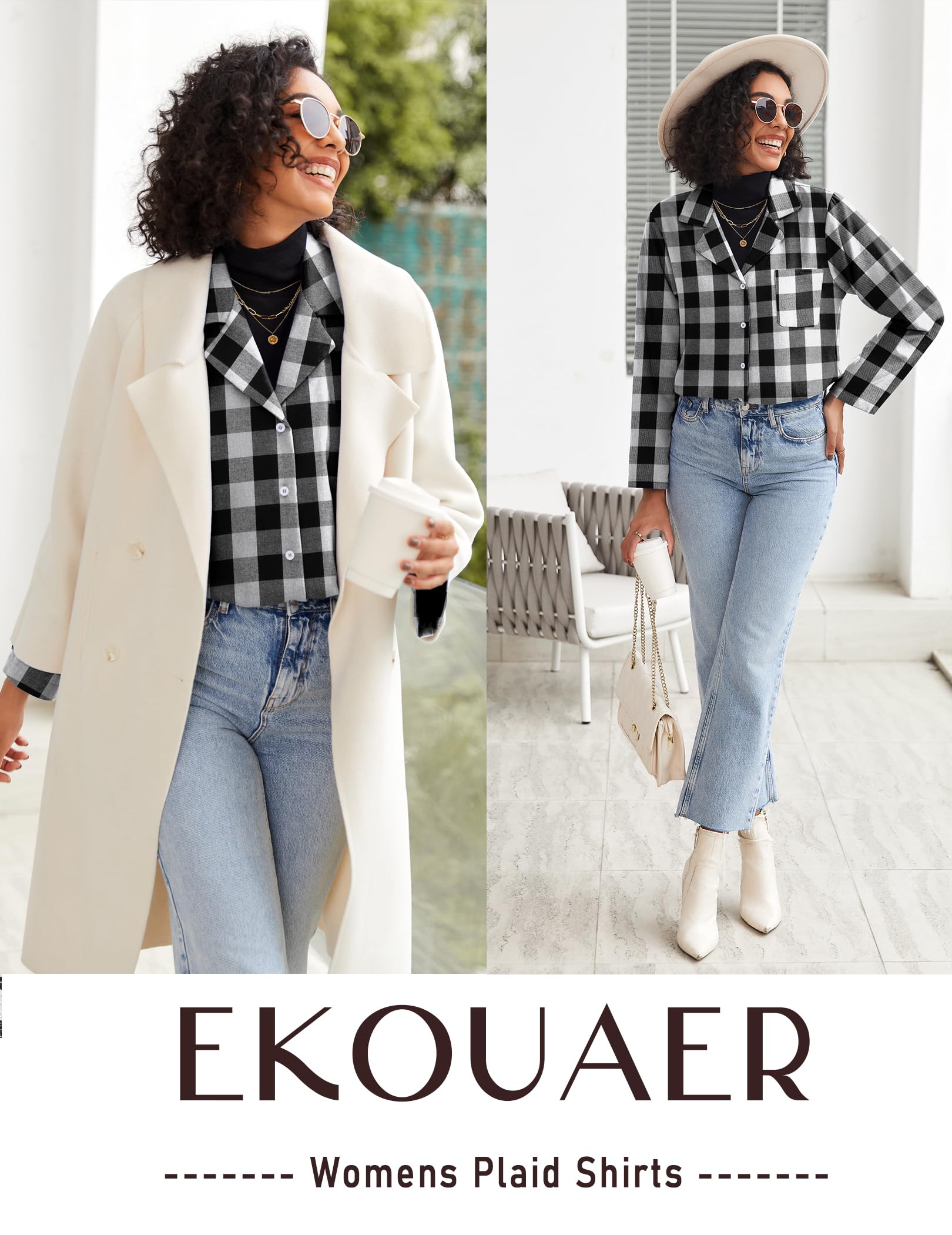 Ekouaer Womens Pajama Sets 2 Piece Cotton Plaid Pjs Long Sleeve Sleepwear Button Down Lounge Set with Pockets