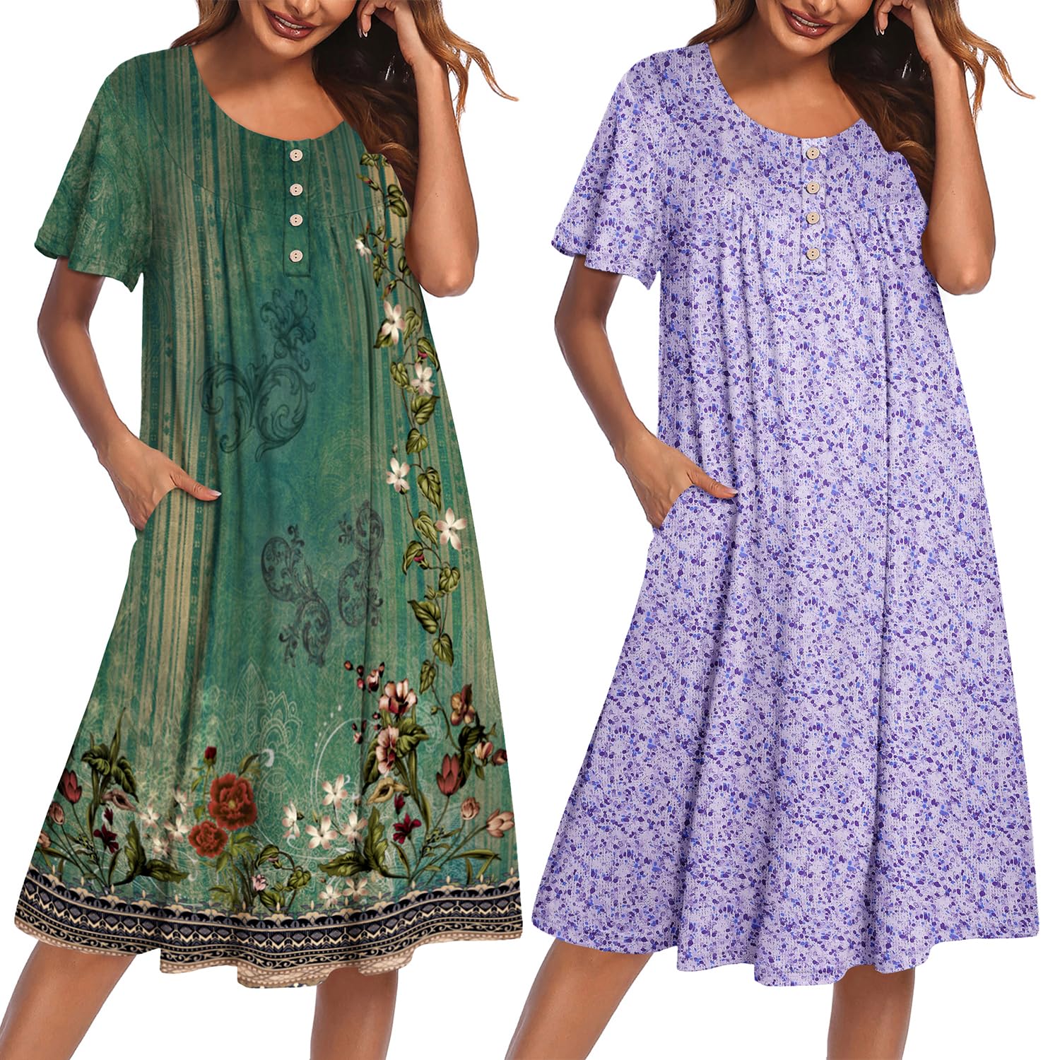Ekouaer 2 Pack House Dresses for Women with Pockets Short Sleeve Moo Moos | Ruffle Sleeve Mumu Dress, Soft Button Front Nightgown, Two Side Pockets, Comfy Sleepwear, Perfect for Your Mom, Grandma, Gift WEBE CLOTHING