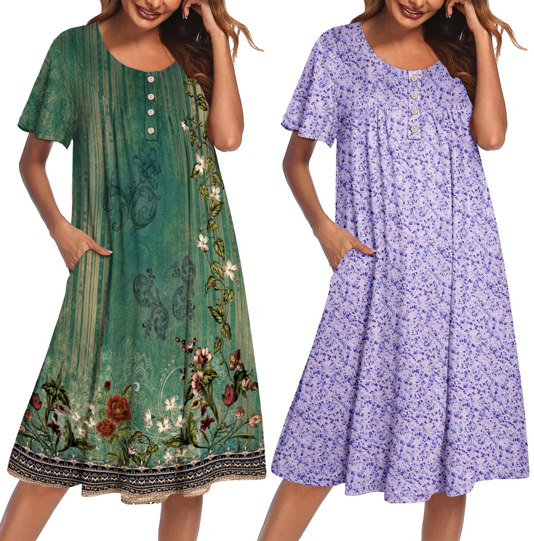 Ekouaer 2 Pack House Dresses for Women with Pockets Short Sleeve Moo Moos | Ruffle Sleeve Mumu Dress, Soft Button Front Nightgown, Two Side Pockets, Comfy Sleepwear, Perfect for Your Mom, Grandma, Gift WEBE CLOTHING