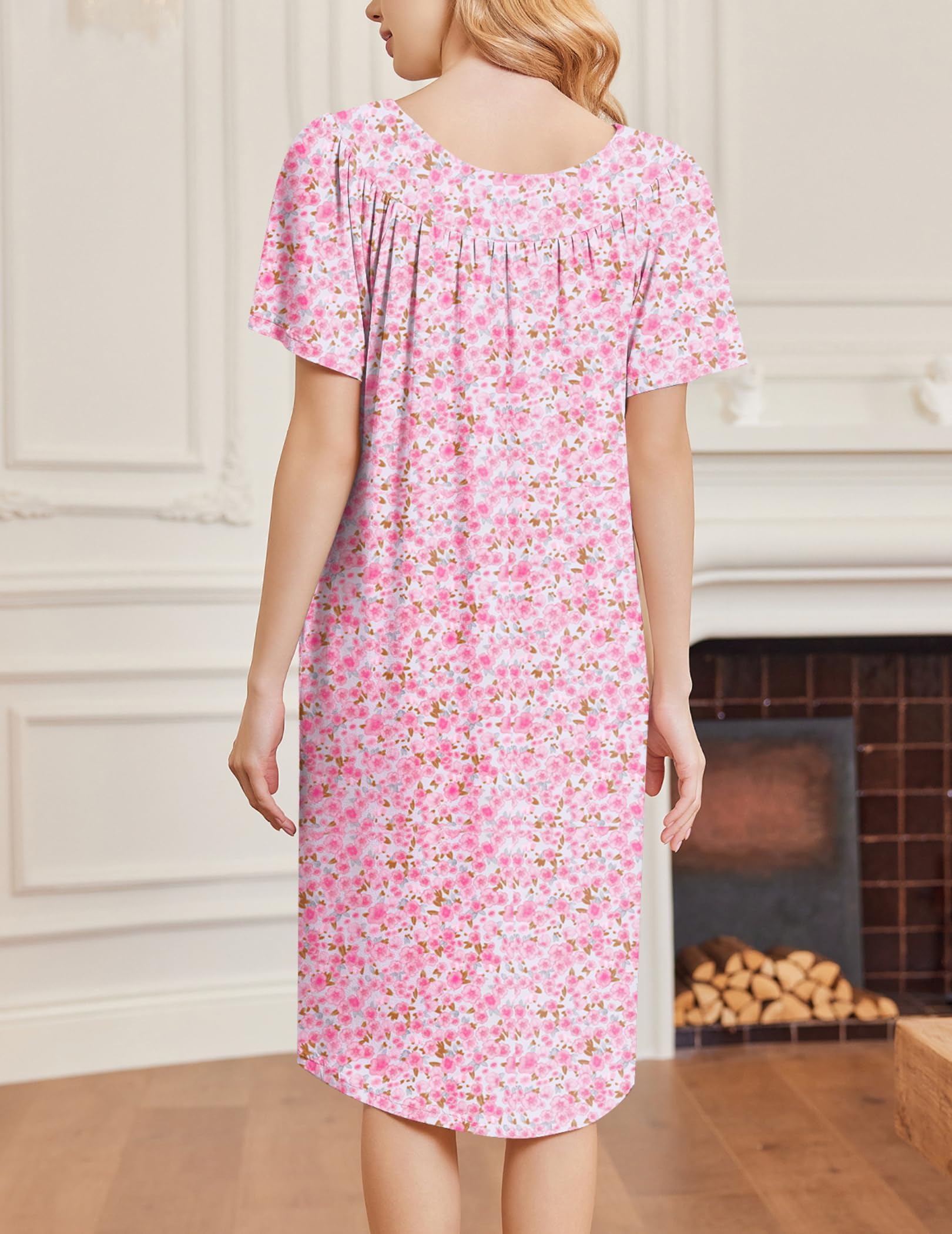 Ekouaer Nightgowns for Women House Dress Short Sleeve Moo Moo with Pockets | Pleated Mumu Dresses V Neck Sleepwear Short Sleeve Night Gowns Soft Sleep Shirts Plus Size Night Shirts Ladies Lounge Dress WEBE CLOTHING