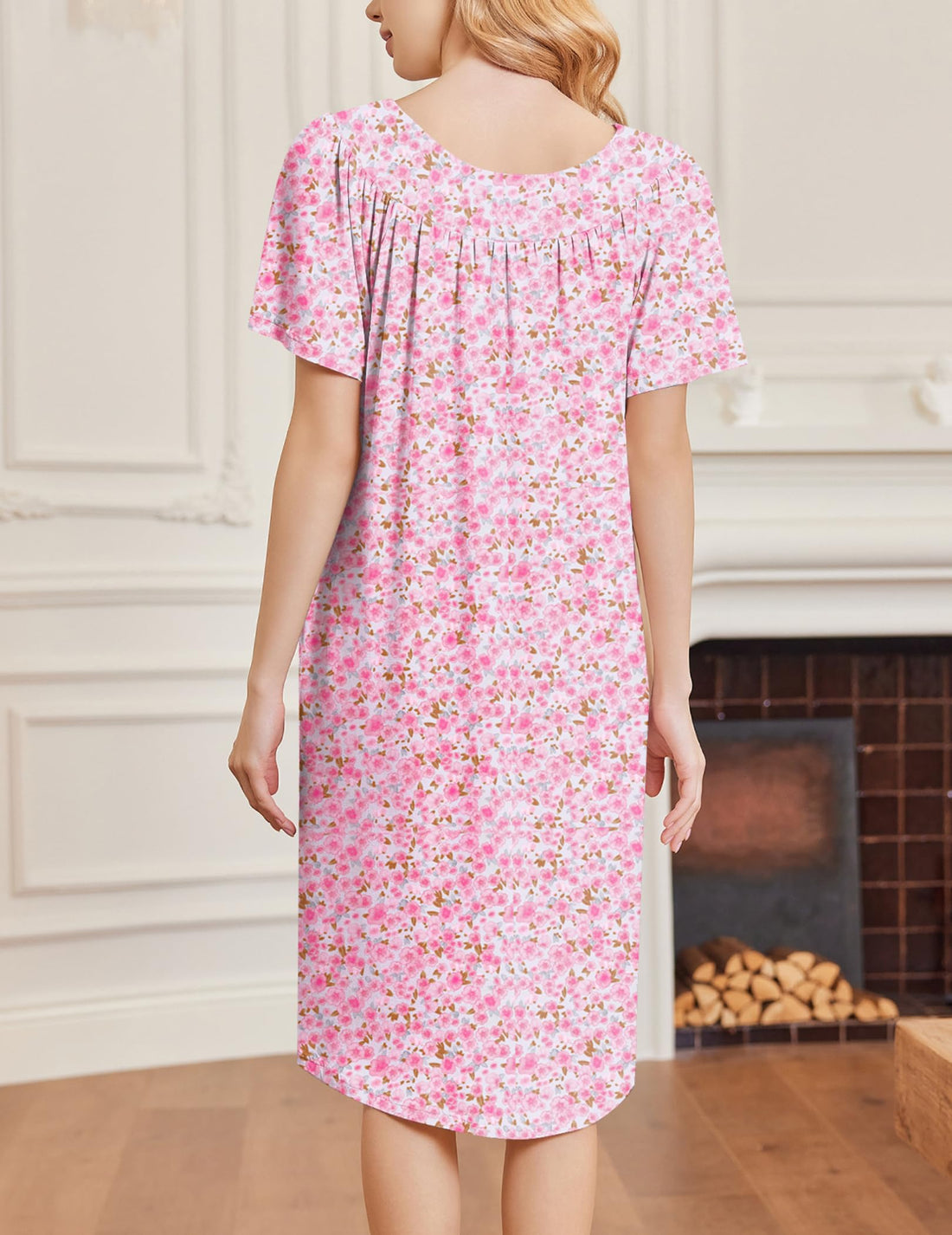Ekouaer Nightgowns for Women House Dress Short Sleeve Moo Moo with Pockets | Pleated Mumu Dresses V Neck Sleepwear Short Sleeve Night Gowns Soft Sleep Shirts Plus Size Night Shirts Ladies Lounge Dress WEBE CLOTHING