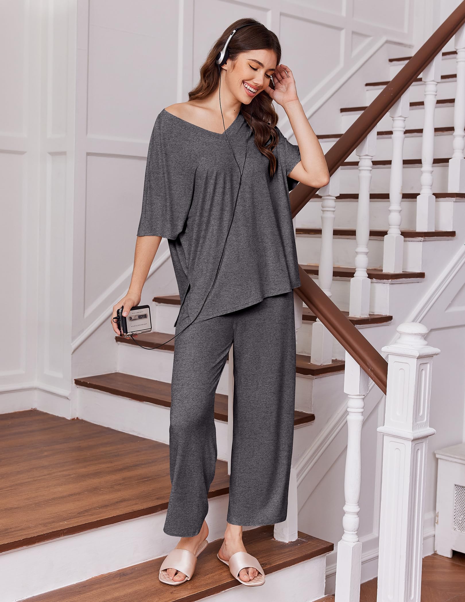 Ekouaer 2 Packs Lounge Sets for Women Short Sleeve Pajamas Set V Neck Top and Long Pants Comfy Pjs Outifts with Pockets