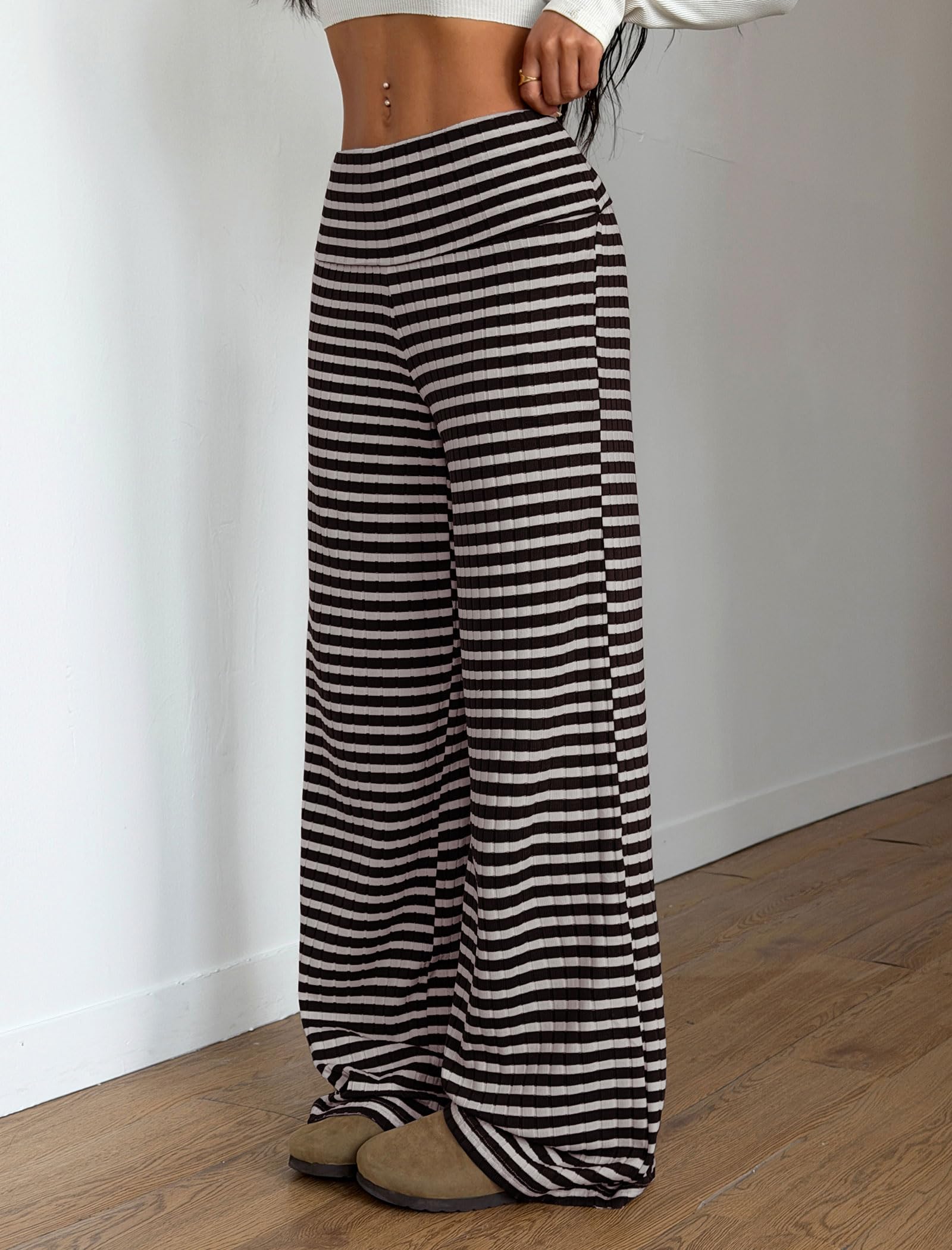 ZAFUL Women's Striped Pants Casual Fold Waist Wide Leg Pants Lightweight Comfy Stretchy Loose Lounge Pajama Pants