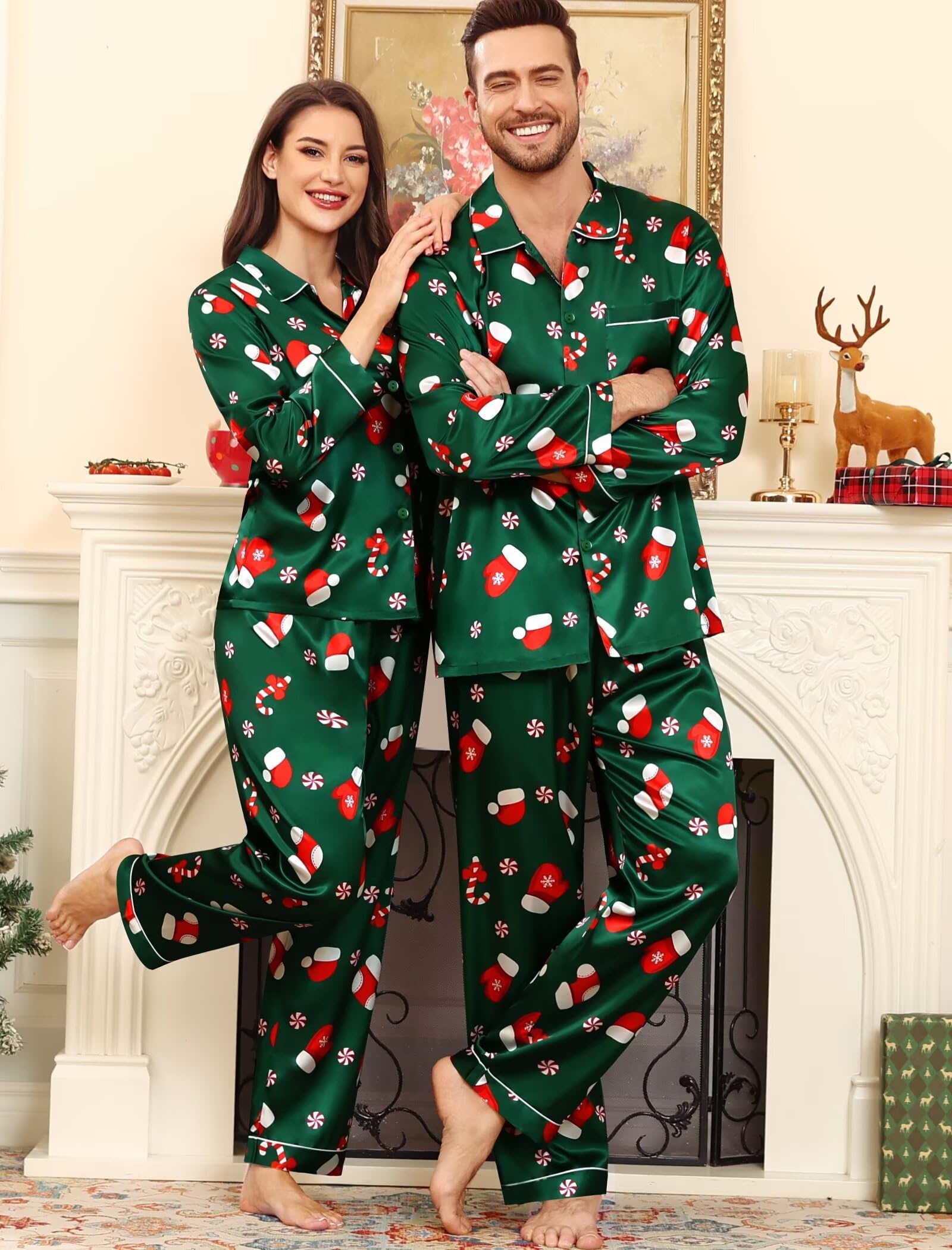 SWOMOG Family Matching Pajama Set 2Pcs Silk Satin Sleepwear Long Sleeve Button Down Loungewear