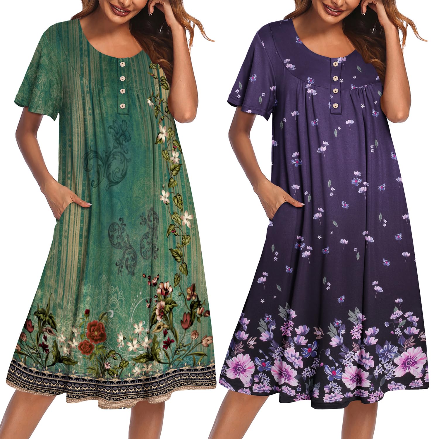 Ekouaer 2 Pack House Dresses for Women with Pockets Short Sleeve Moo Moos | Ruffle Sleeve Mumu Dress, Soft Button Front Nightgown, Two Side Pockets, Comfy Sleepwear, Perfect for Your Mom, Grandma, Gift WEBE CLOTHING