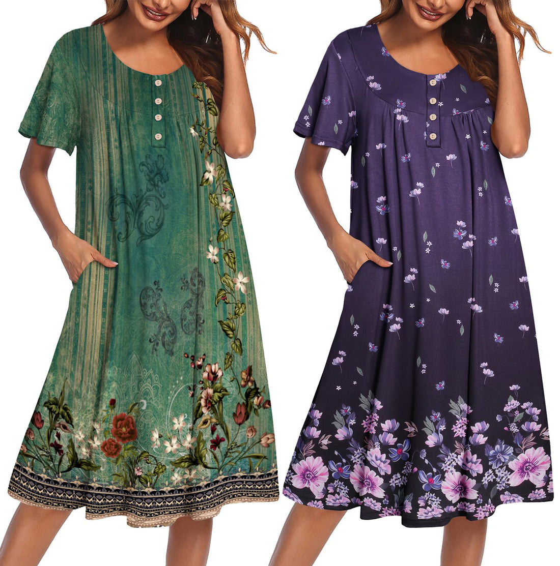 Ekouaer 2 Pack House Dresses for Women with Pockets Short Sleeve Moo Moos | Ruffle Sleeve Mumu Dress, Soft Button Front Nightgown, Two Side Pockets, Comfy Sleepwear, Perfect for Your Mom, Grandma, Gift WEBE CLOTHING