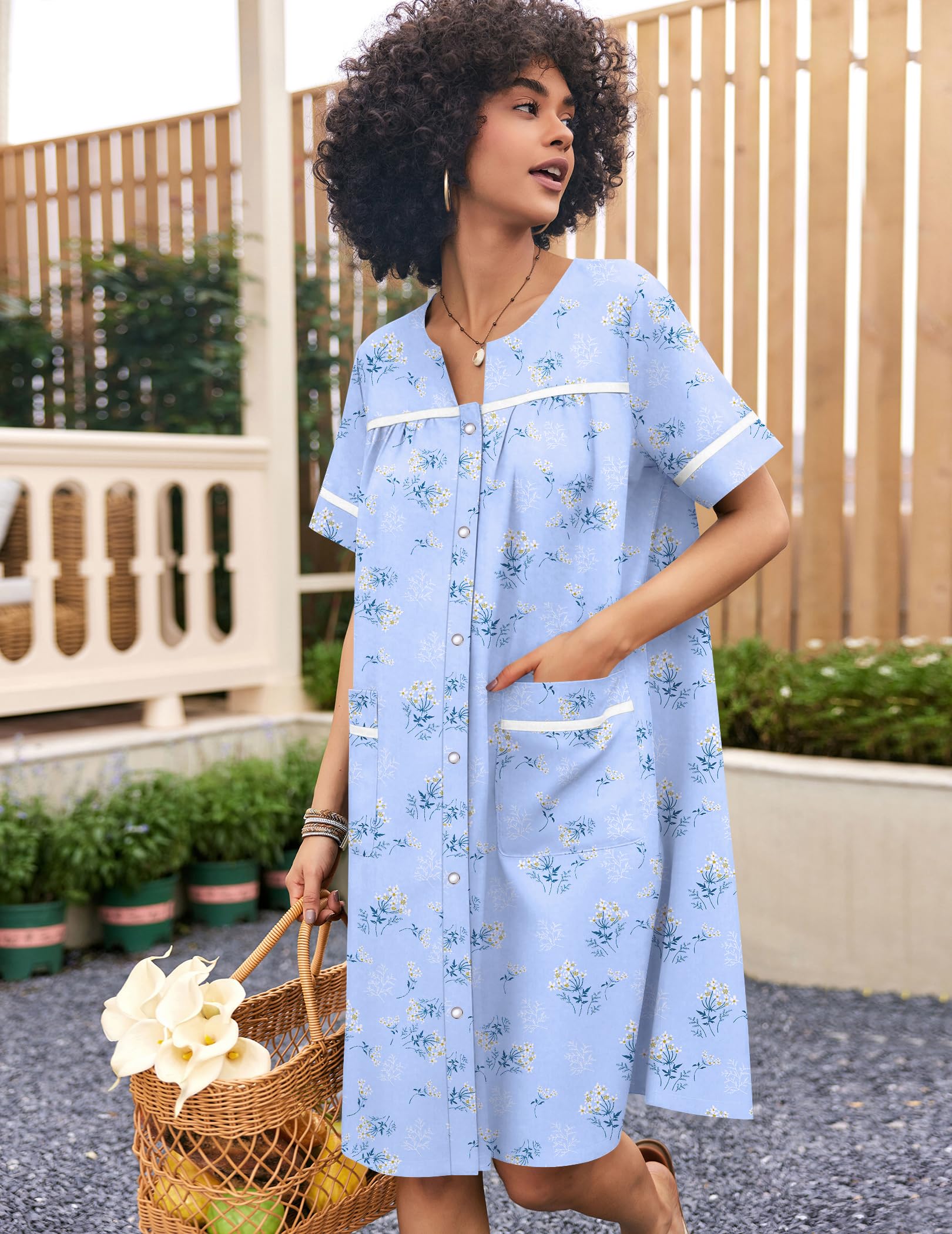 Ekouaer Nightgowns for Women House Dress with Pockets Snap Front House Coat | Duster Mumu Dress, Short Sleeve Moo Moos, Plus Size Sleepwear, Casual Lounge Dress, Labor Delivery Gown, Daily Wear, Home