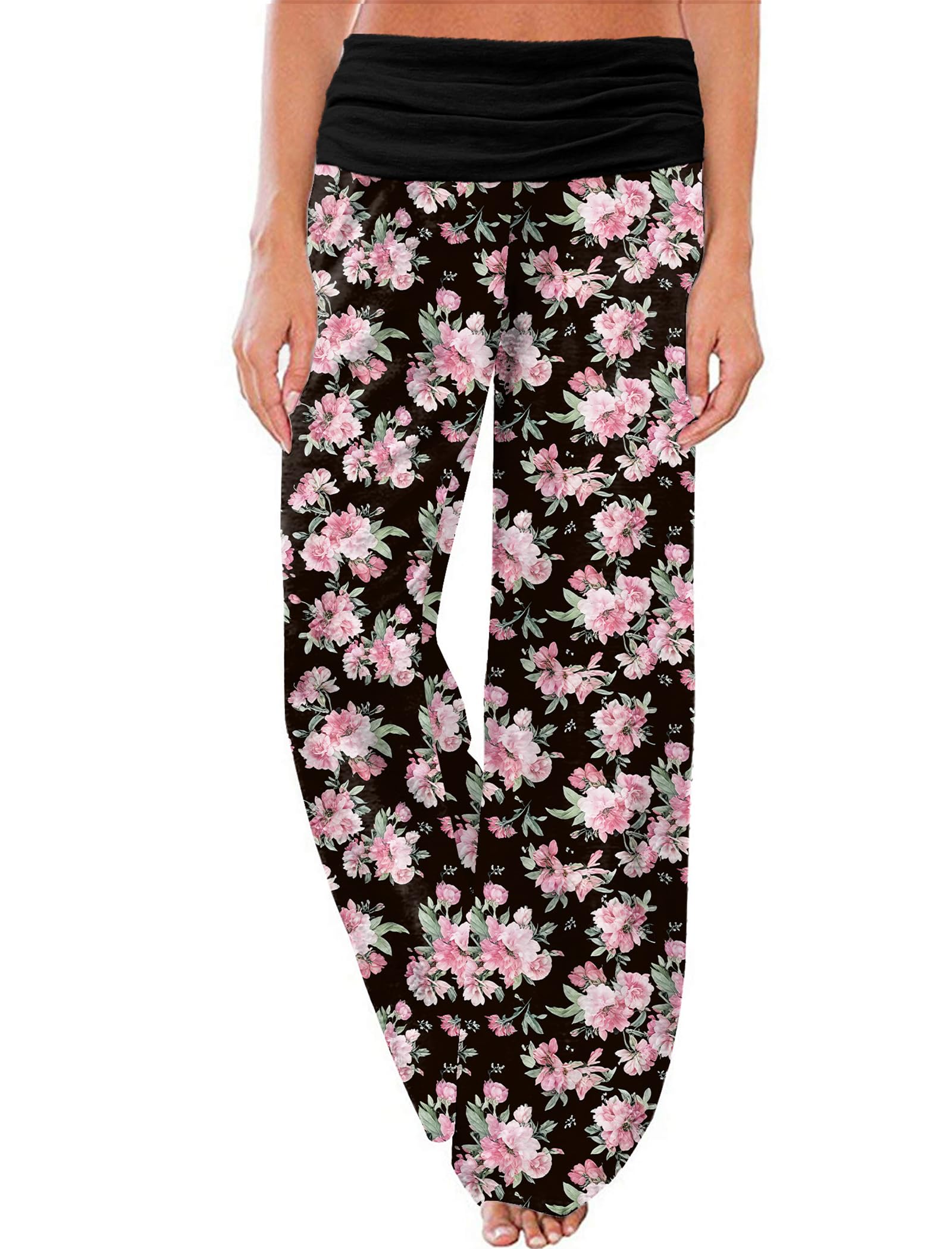 Gracyoga Women's Comfy Pajama Pants Wide Leg Lounge Palazzo Yoga Pants Stretch Casual Floral Print Fold Waist Pants