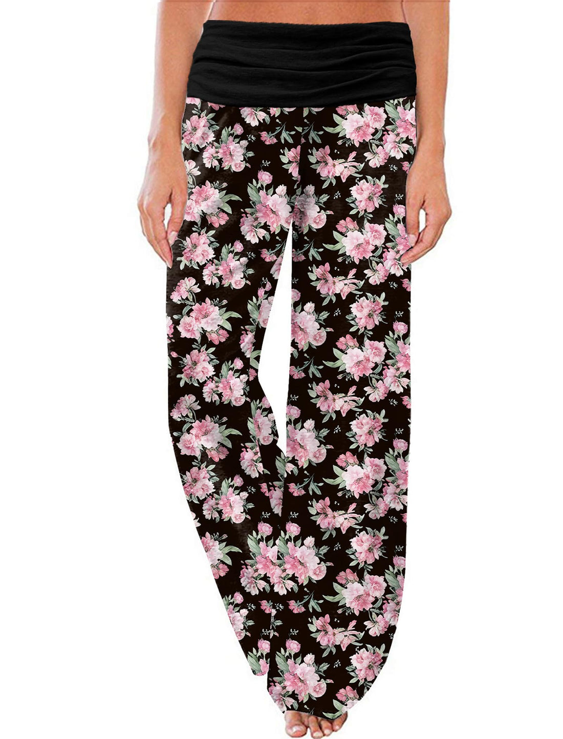 Gracyoga Women's Comfy Pajama Pants Wide Leg Lounge Palazzo Yoga Pants Stretch Casual Floral Print Fold Waist Pants