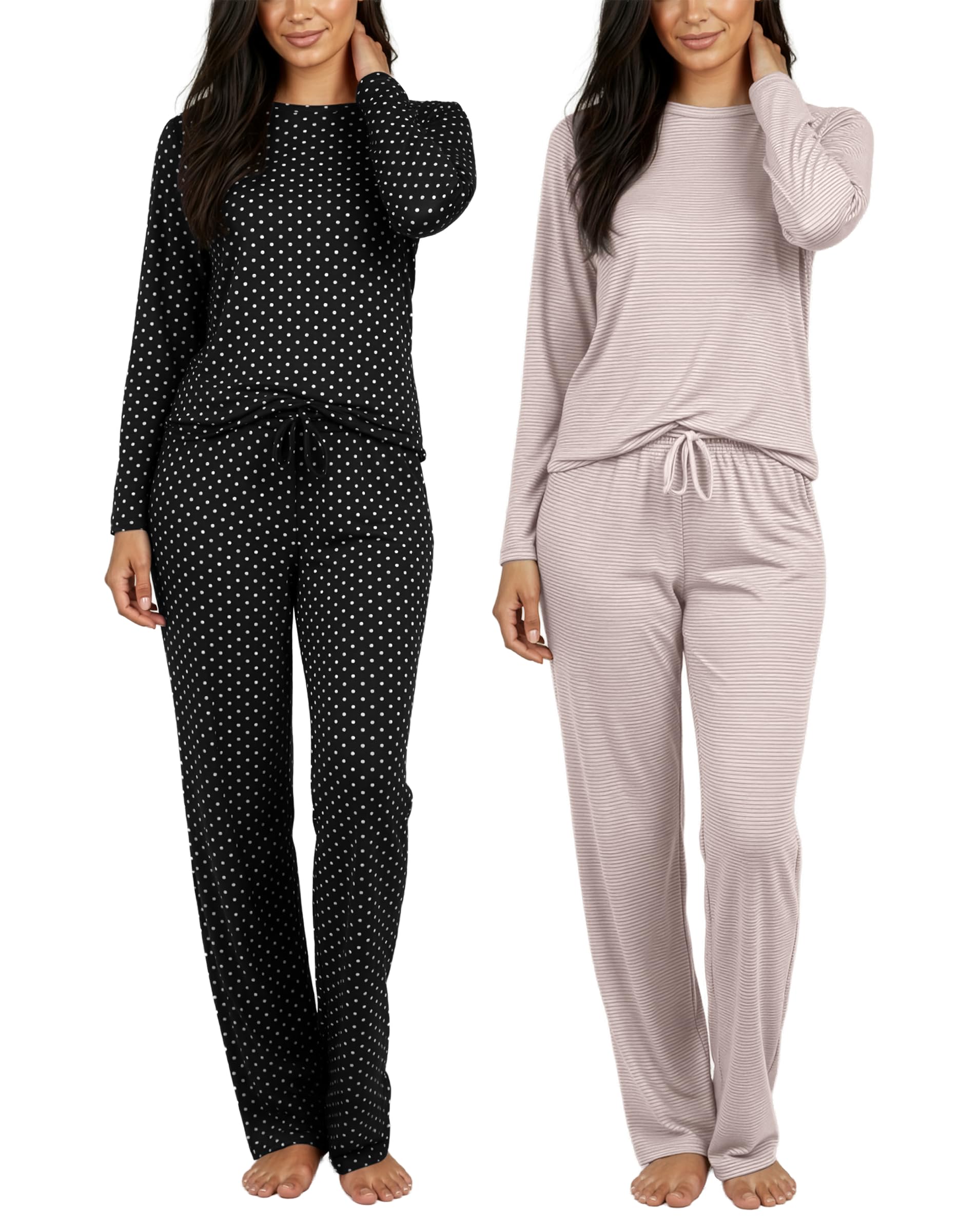 Real Essentials 2 Pack: Women's Long Sleeve Pajama Sets - Soft Comfy 2 Piece PJ Set Matching Ladies Sleepwear (Plus Size)