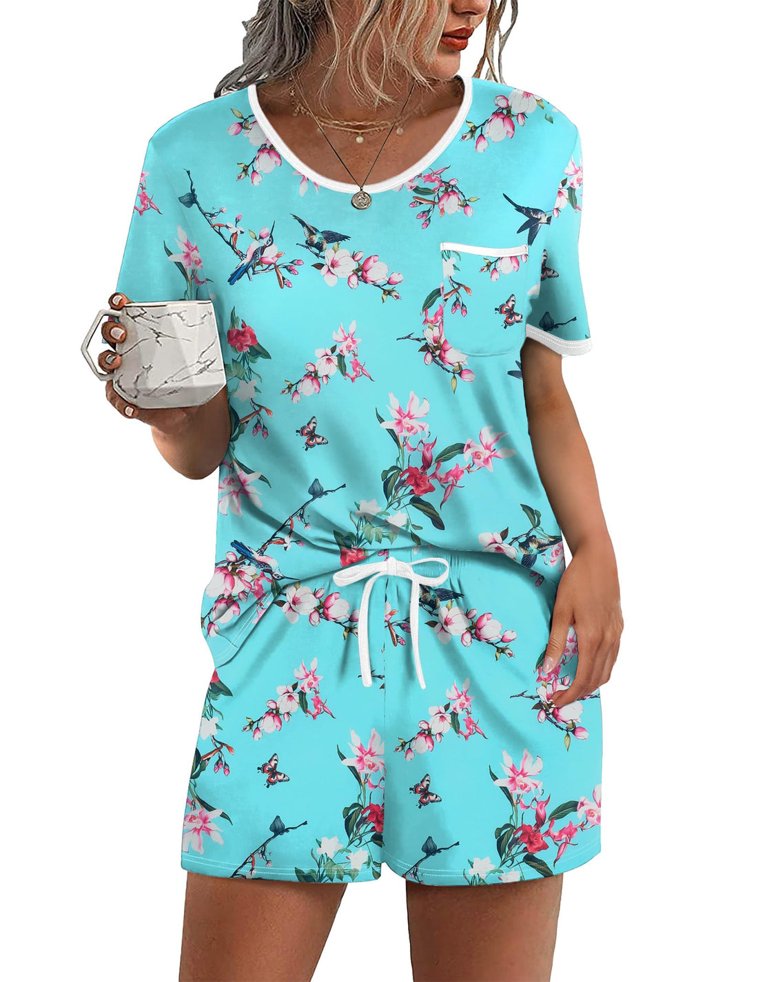 Ekouaer Pajama Set for Women 2 Piece Lounge Set Short Sleeve Tops and Shorts Soft Sleepwear, Chest Pocket WEBE CLOTHING