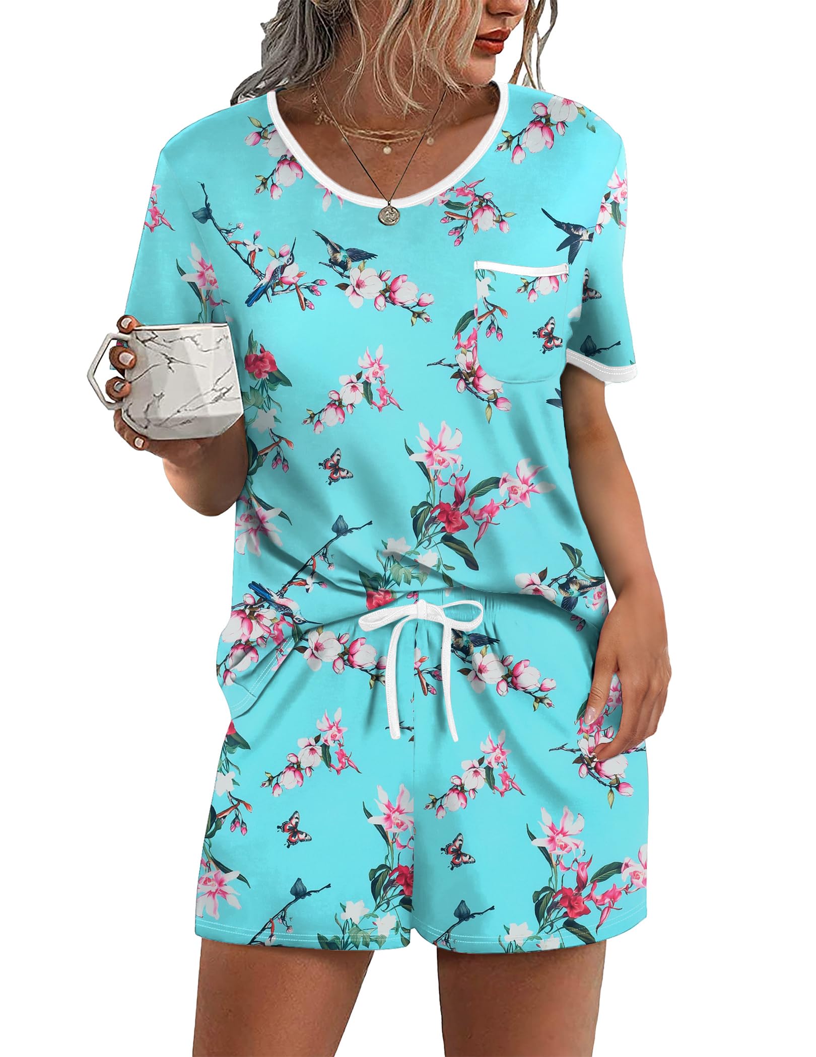 Ekouaer Pajama Set for Women 2 Piece Lounge Set Short Sleeve Tops and Shorts Soft Sleepwear, Chest Pocket