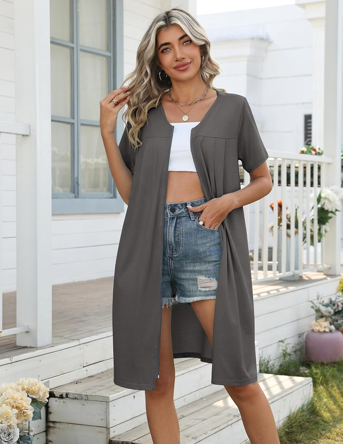 Ekouaer Zipper Robes for Women Short Knit Bathrobes Lightweight Knee Length Housecoat with Pockets Nightgown S-3XL