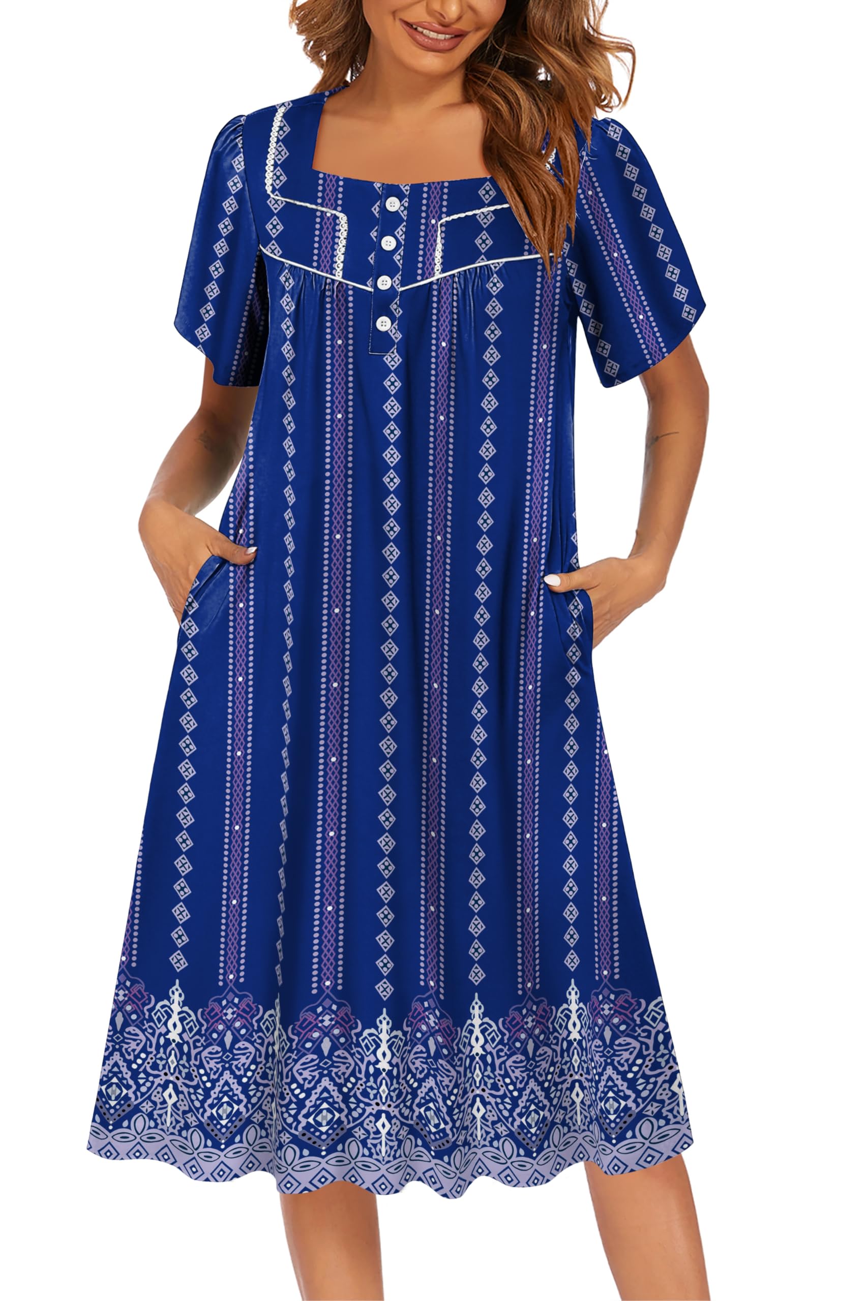 Ekouaer Women's House Dress with Pockets Moomoo Dresses Short Sleeve Mumu Nightgown Lounge Dress Button Down Sleepwear WEBE CLOTHING