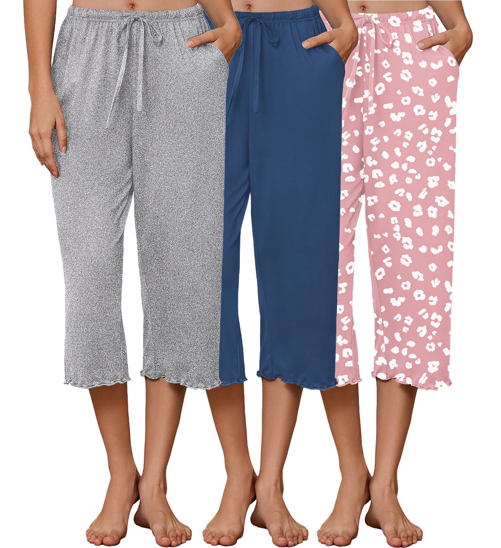 Ekouaer 3 Pack Women Capri Pajama Pants 2026 Ruffle Hem Lounge Pants Drawstring Pj Bottoms with Pockets