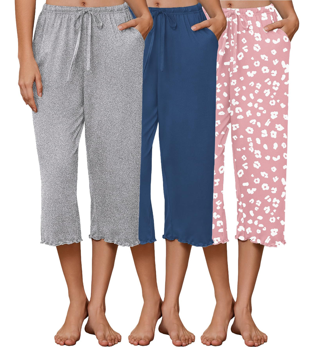 Ekouaer 3 Pack Women Capri Pajama Pants 2026 Ruffle Hem Lounge Pants Drawstring Pj Bottoms with Pockets