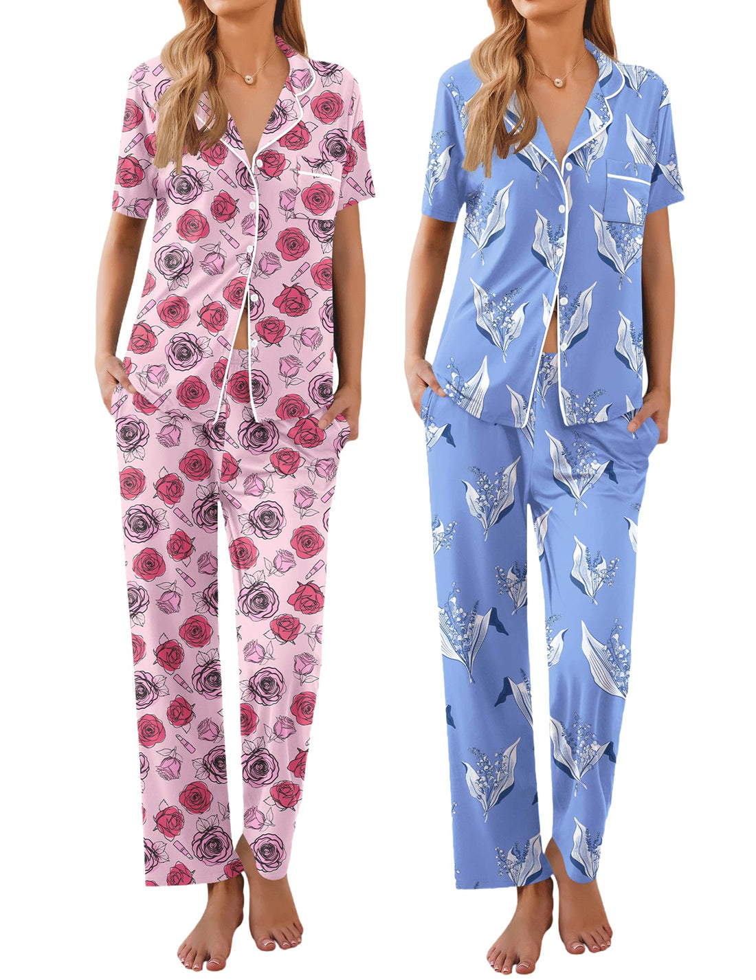 Ekouaer 2 Pack：Womens Pajamas Short Sleeve Pjs Notch Collar Button Up Loungewear Cozy Sleepwear Sets WEBE CLOTHING