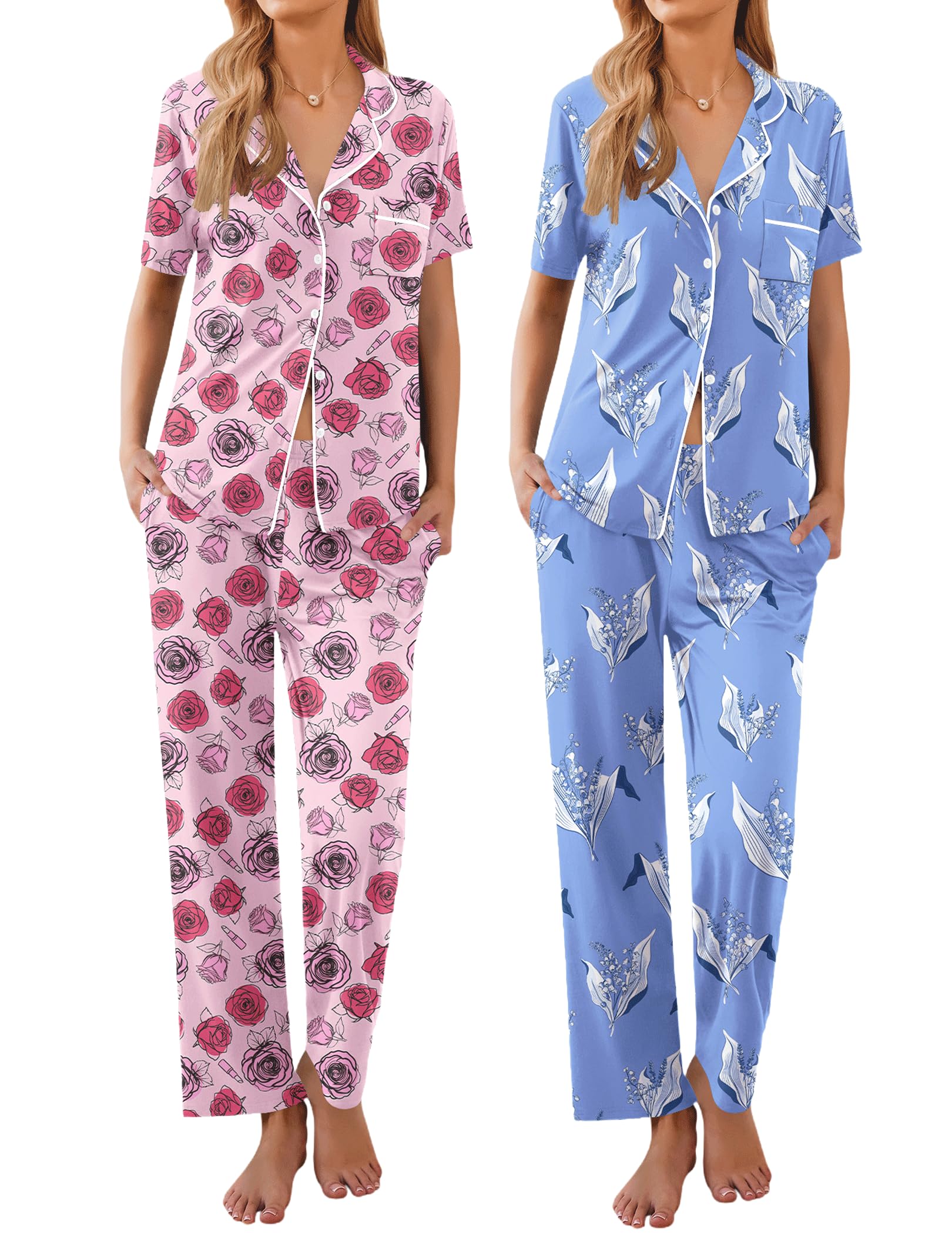 Ekouaer 2 Pack：Womens Pajamas Short Sleeve Pjs Notch Collar Button Up Loungewear Cozy Sleepwear Sets WEBE CLOTHING