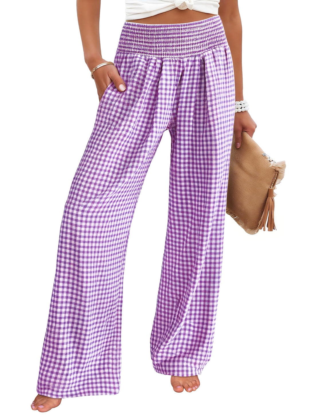 ANRABESS Womens Striped Gingham Palazzo Pants | Wide Leg Smocked High Waisted Pajama Pants, Lounge & Casual, Summer Fall Cute Pants with Pockets