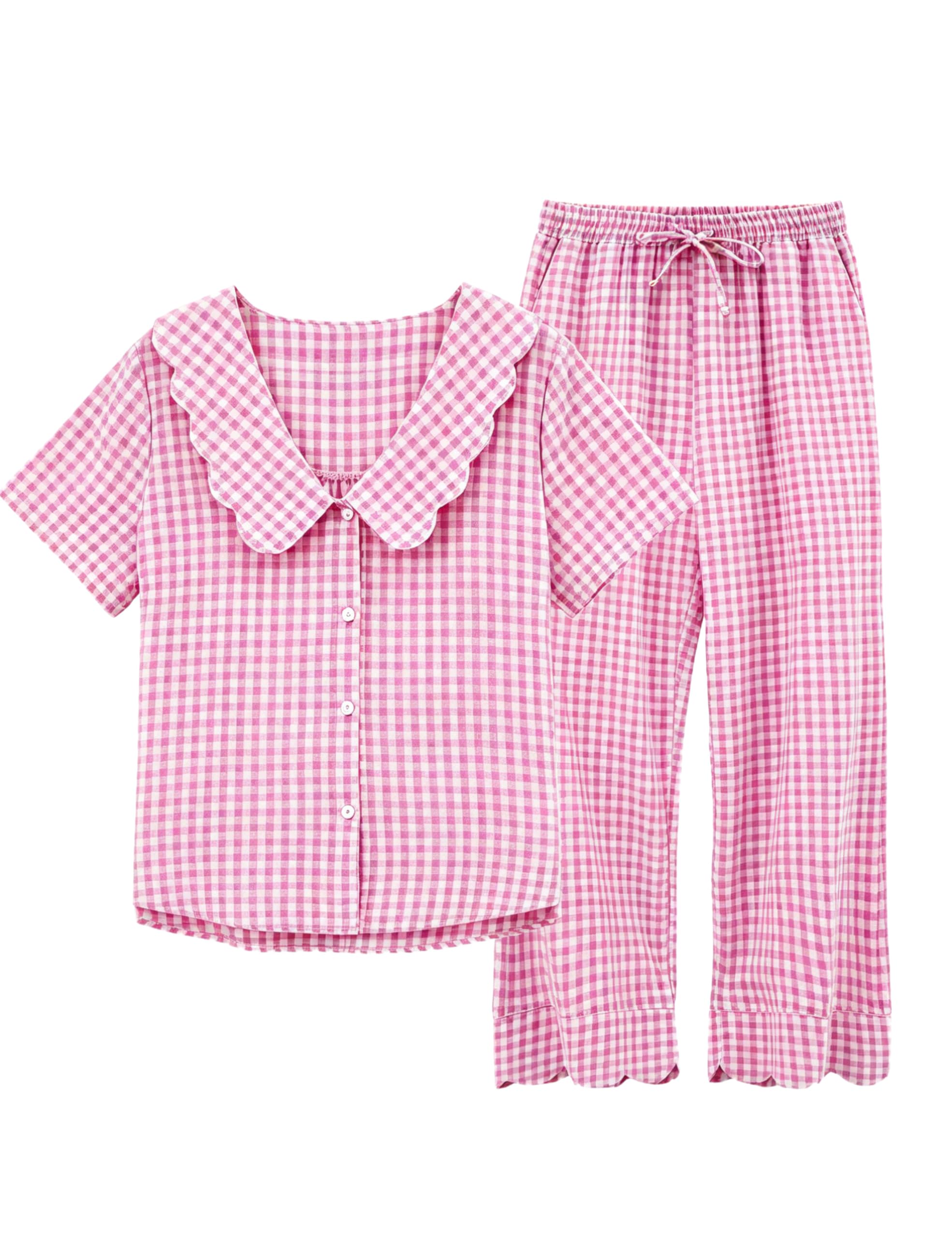 Tanming Womens Gingham 2 Piece Pajamas Sets Puff Sleeve Babydoll Shirt Ruffle Pants Pj Lounge Set Sleepwear WEBE CLOTHING