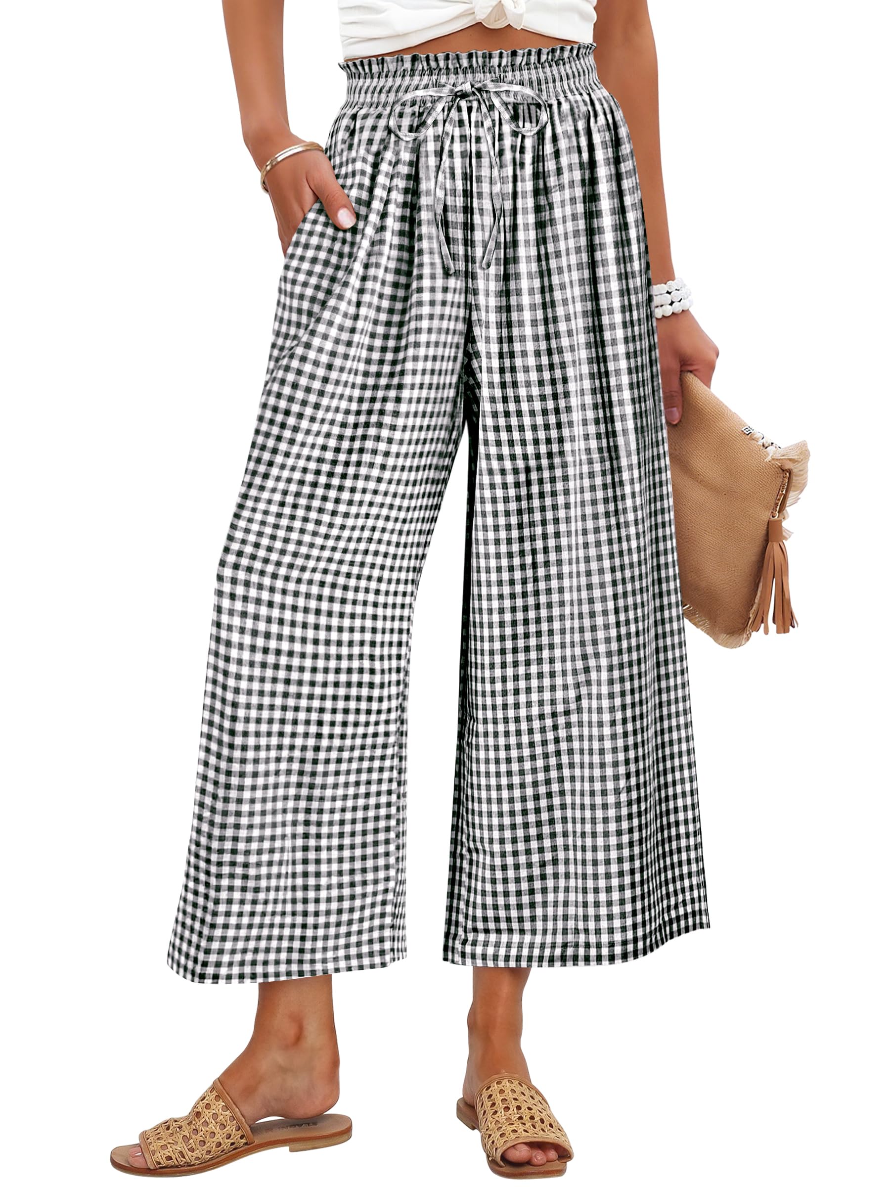 ANRABESS Womens Striped Gingham Palazzo Capri Pants Pajama Wide Leg Lounge Trousers Plaid Cute Crop PJ Bottoms with Pockets