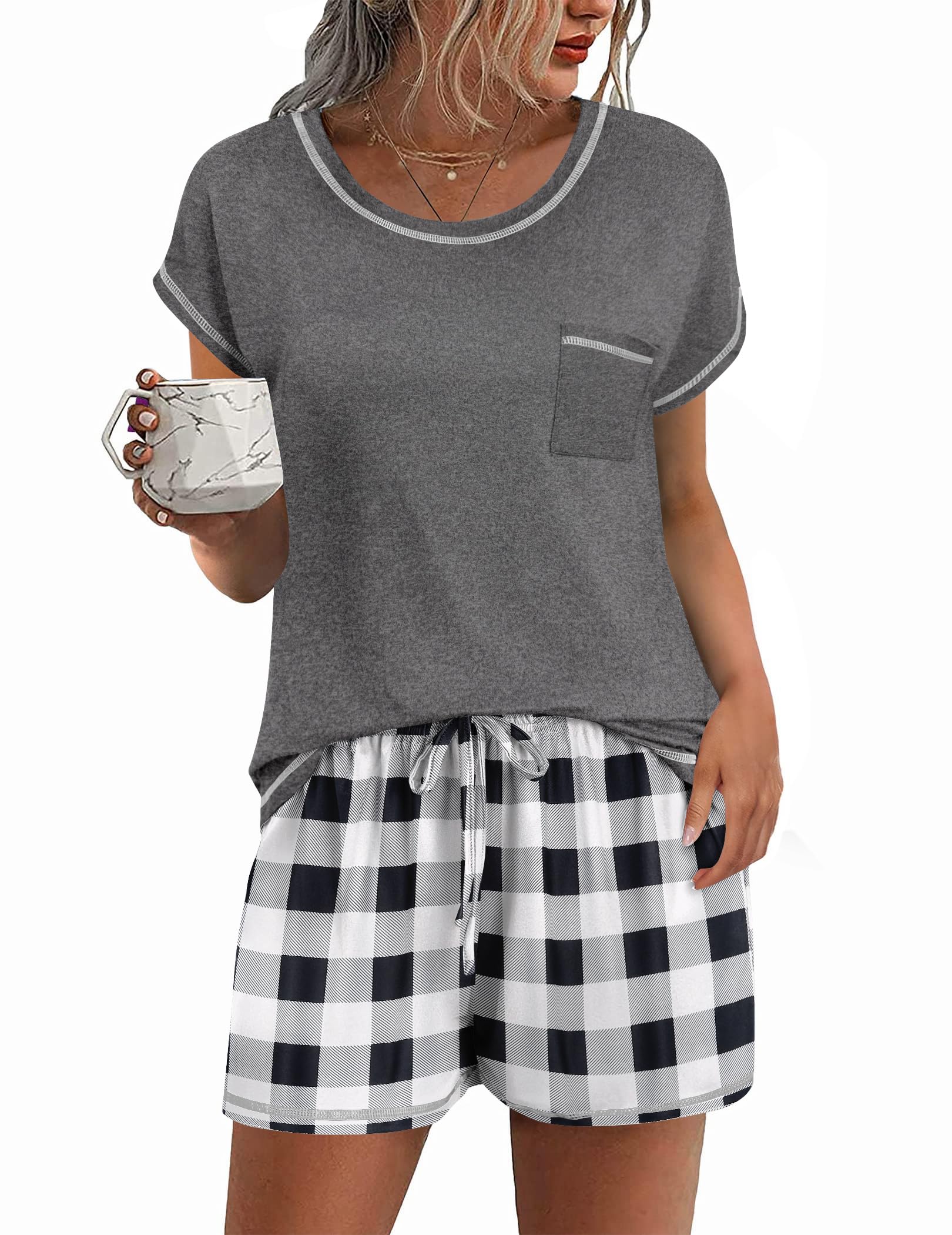 Ekouaer Womens Pajama Sets 2 Piece Soft Short Sleeve Top and Shorts Sleepwear Round Neck Pjs Lounge Set with Pockets