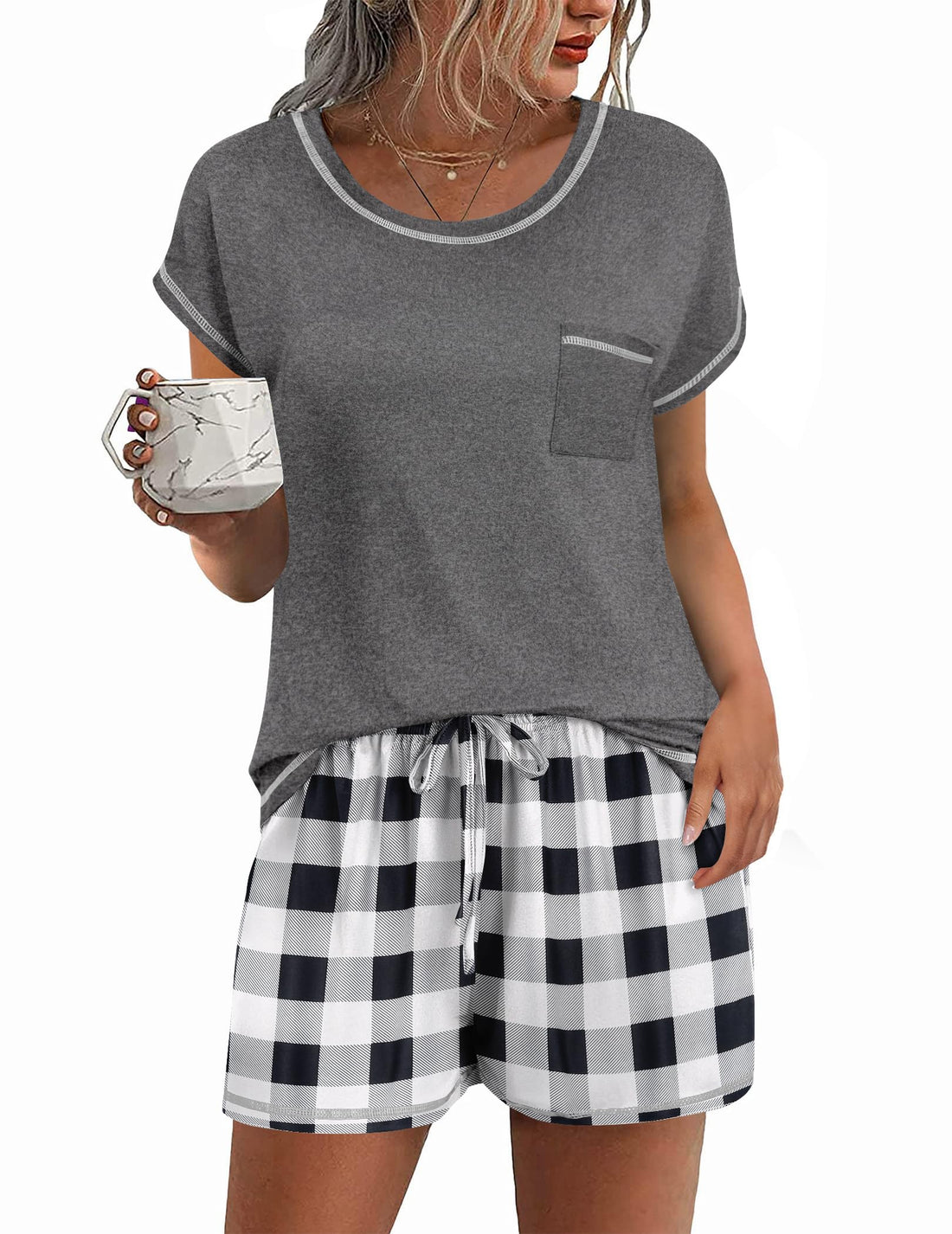 Ekouaer Womens Pajama Sets 2 Piece Soft Short Sleeve Top and Shorts Sleepwear Round Neck Pjs Lounge Set with Pockets
