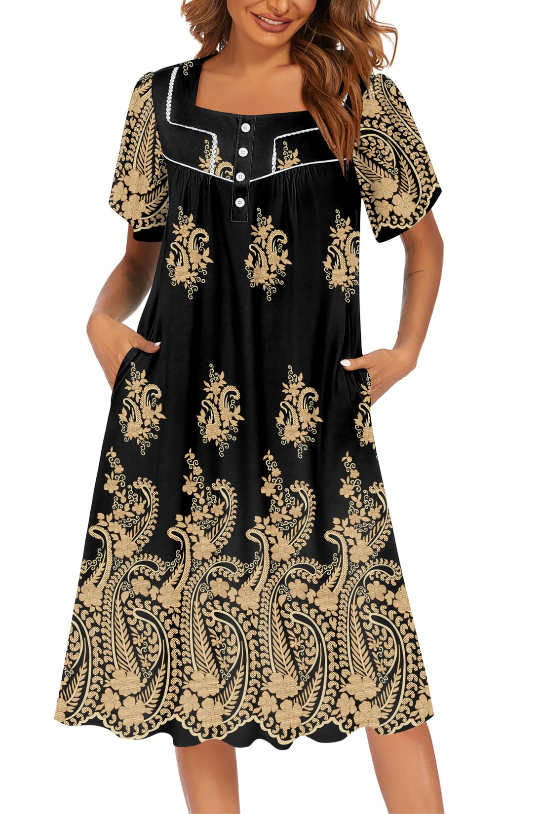 Ekouaer Women's House Dress with Pockets Moomoo Dresses Short Sleeve Mumu Nightgown Lounge Dress Button Down Sleepwear WEBE CLOTHING