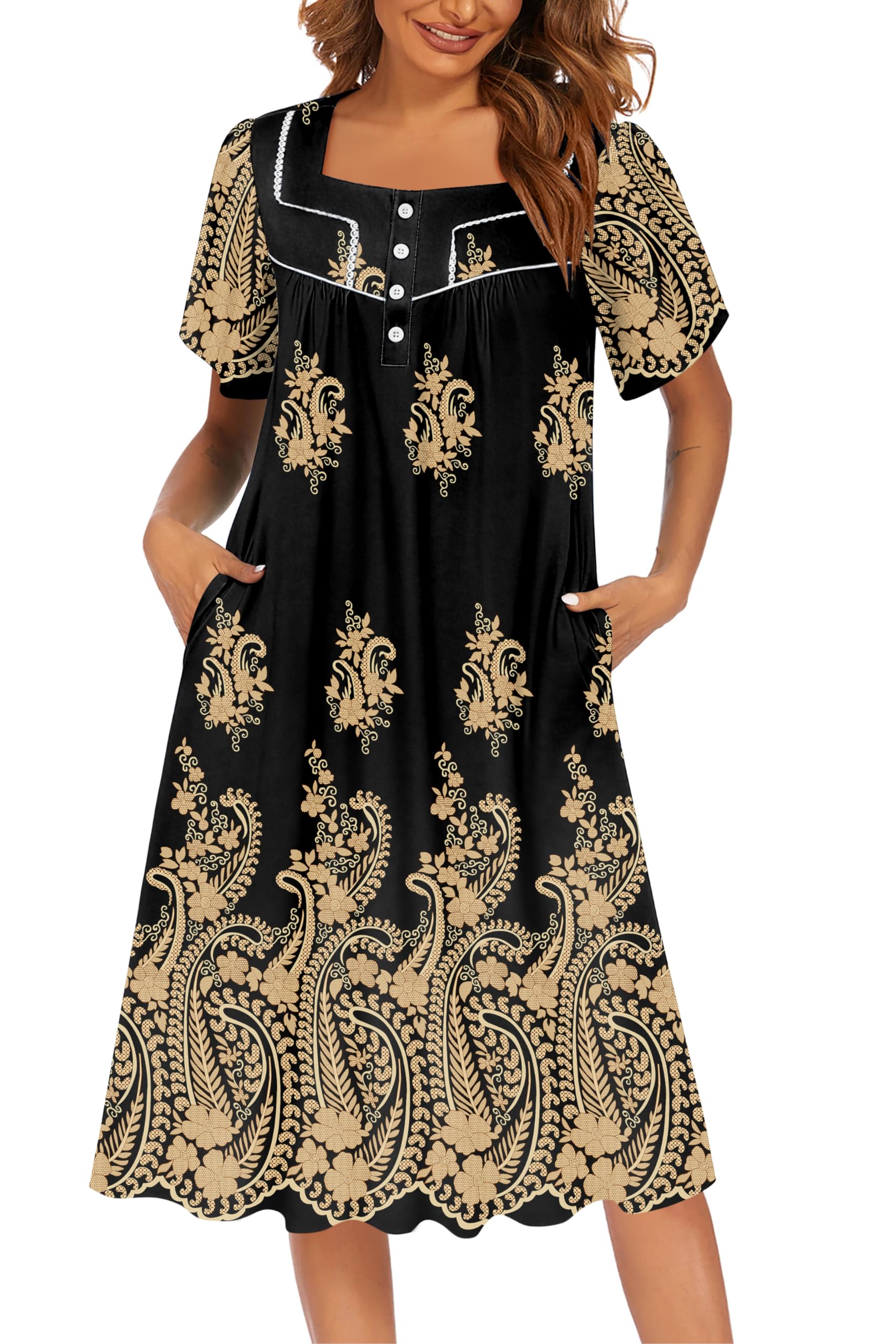 Ekouaer Women's House Dress with Pockets Moomoo Dresses Short Sleeve Mumu Nightgown Lounge Dress Button Down Sleepwear WEBE CLOTHING
